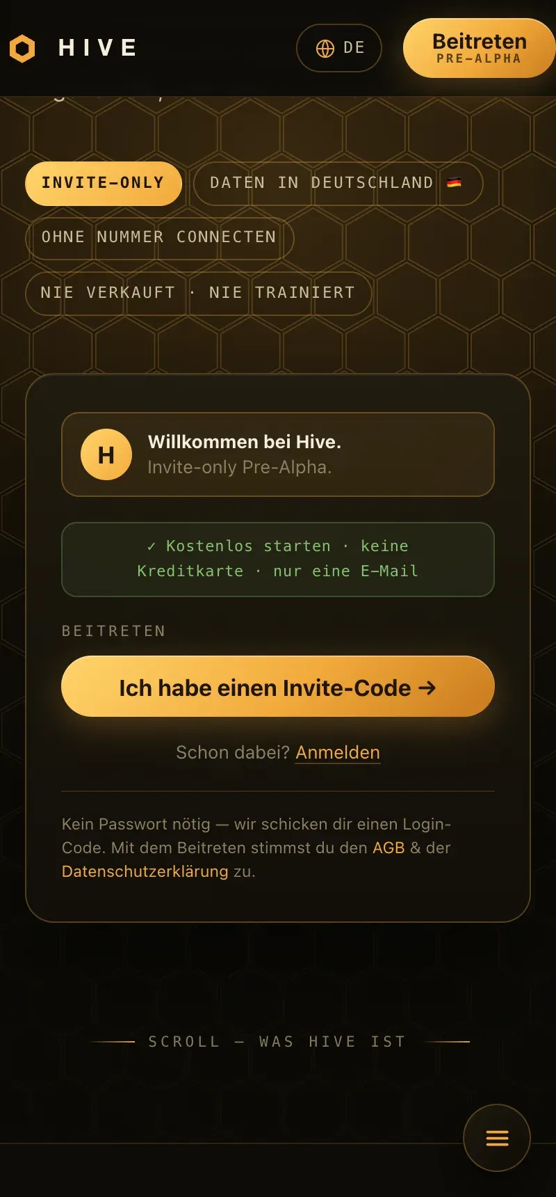 The Hive entry gate: “Welcome to Hive. Invite-only pre-alpha”, a button reading “I have an invite code”, above it the badges “Data in Germany · connect without a number · never sold · never trained”.