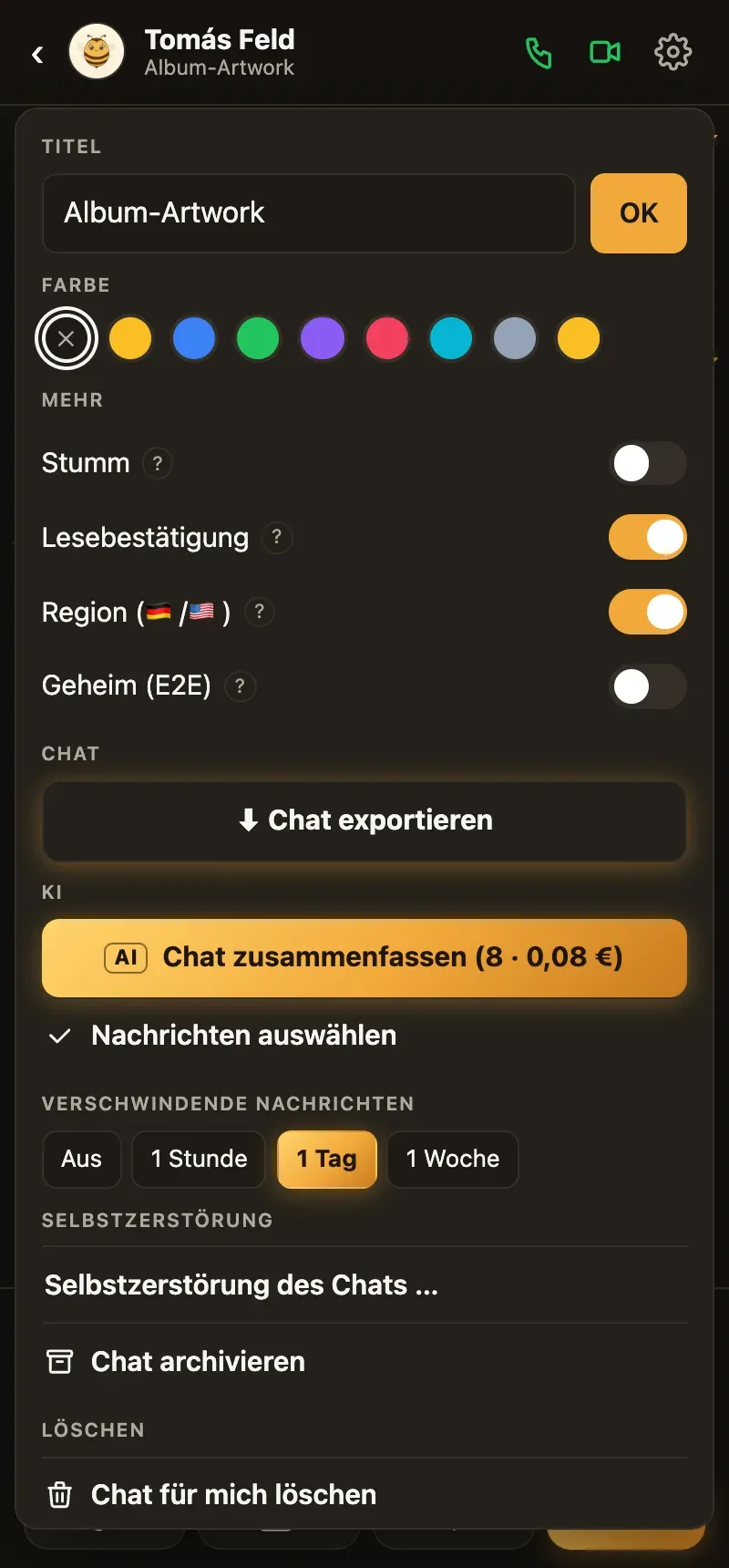 The settings of one chat: title, colour, mute, read receipts, region with a Germany/US toggle, Secret (E2E), export chat, AI summary, disappearing messages, self-destruct, archive, delete.