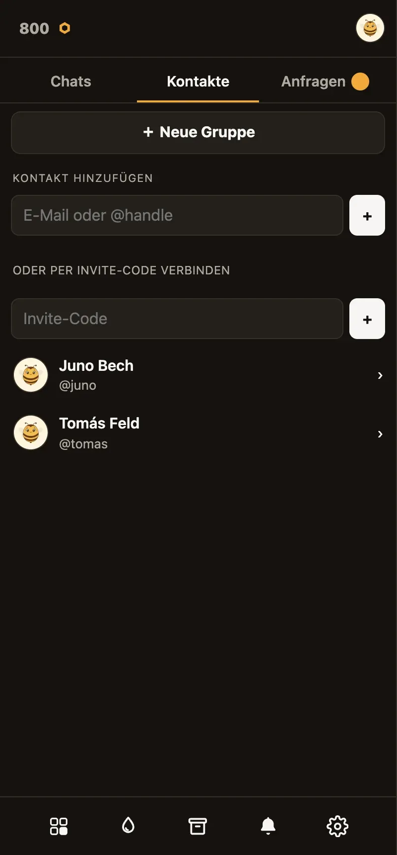 The contacts view in Hive with search by email or @handle.