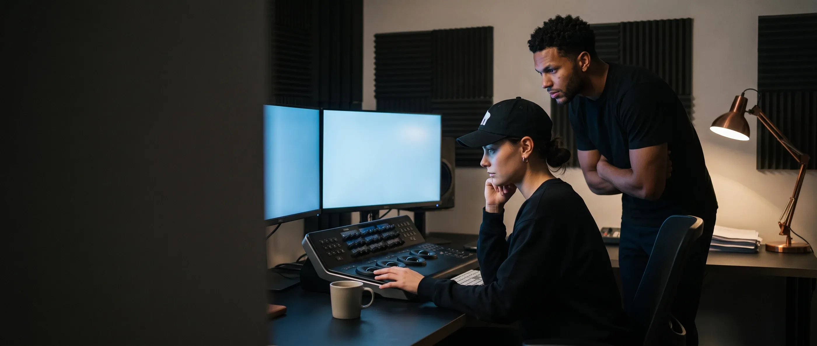 Two people at the console of a darkened colour-grading suite, the monitors turned away from the viewer