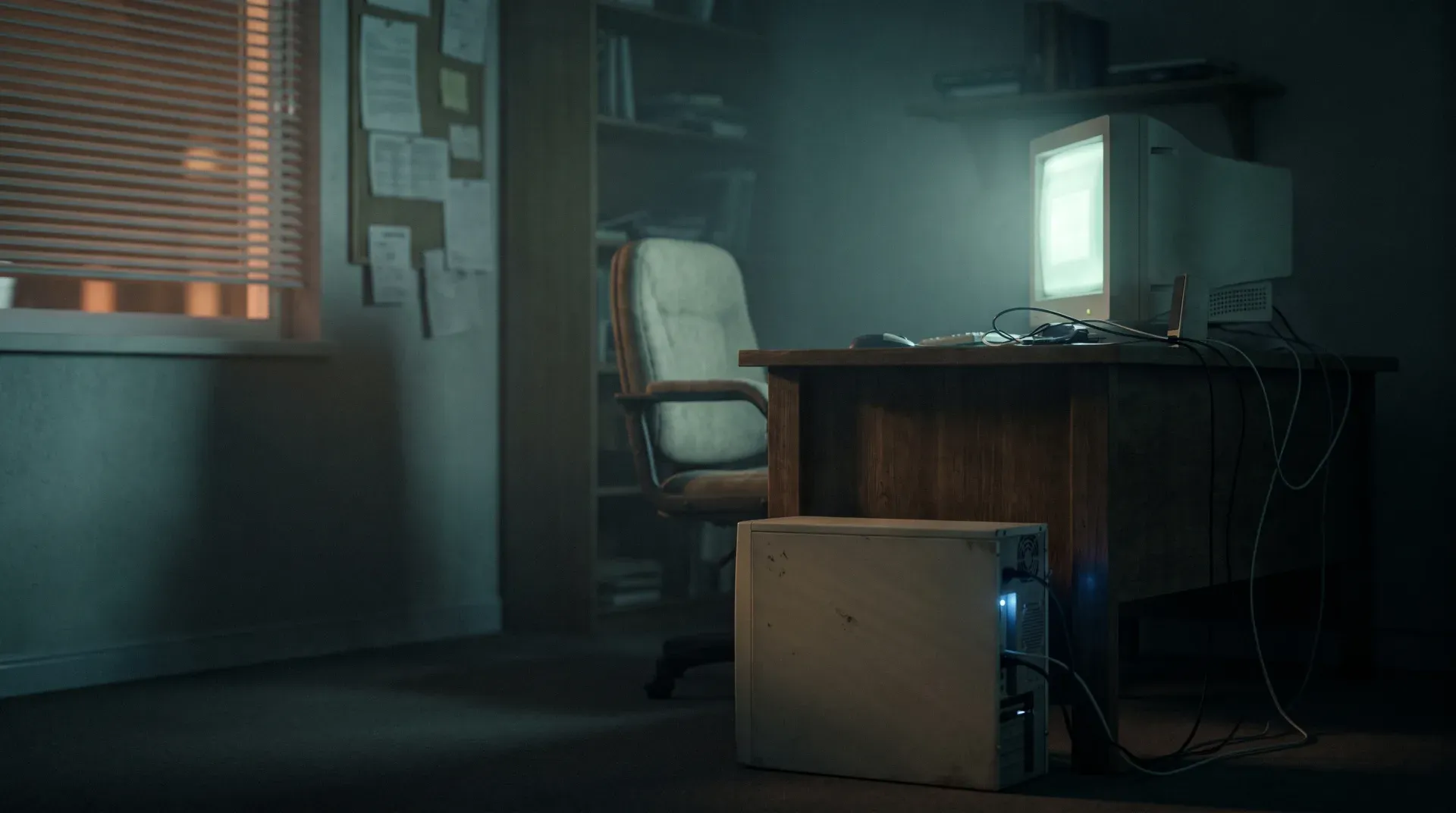 A dark home office at night in 2009: a beige tower PC with one glowing power LED under a wooden desk, an old CRT monitor with a faint glow, an empty chair — a machine working alone
