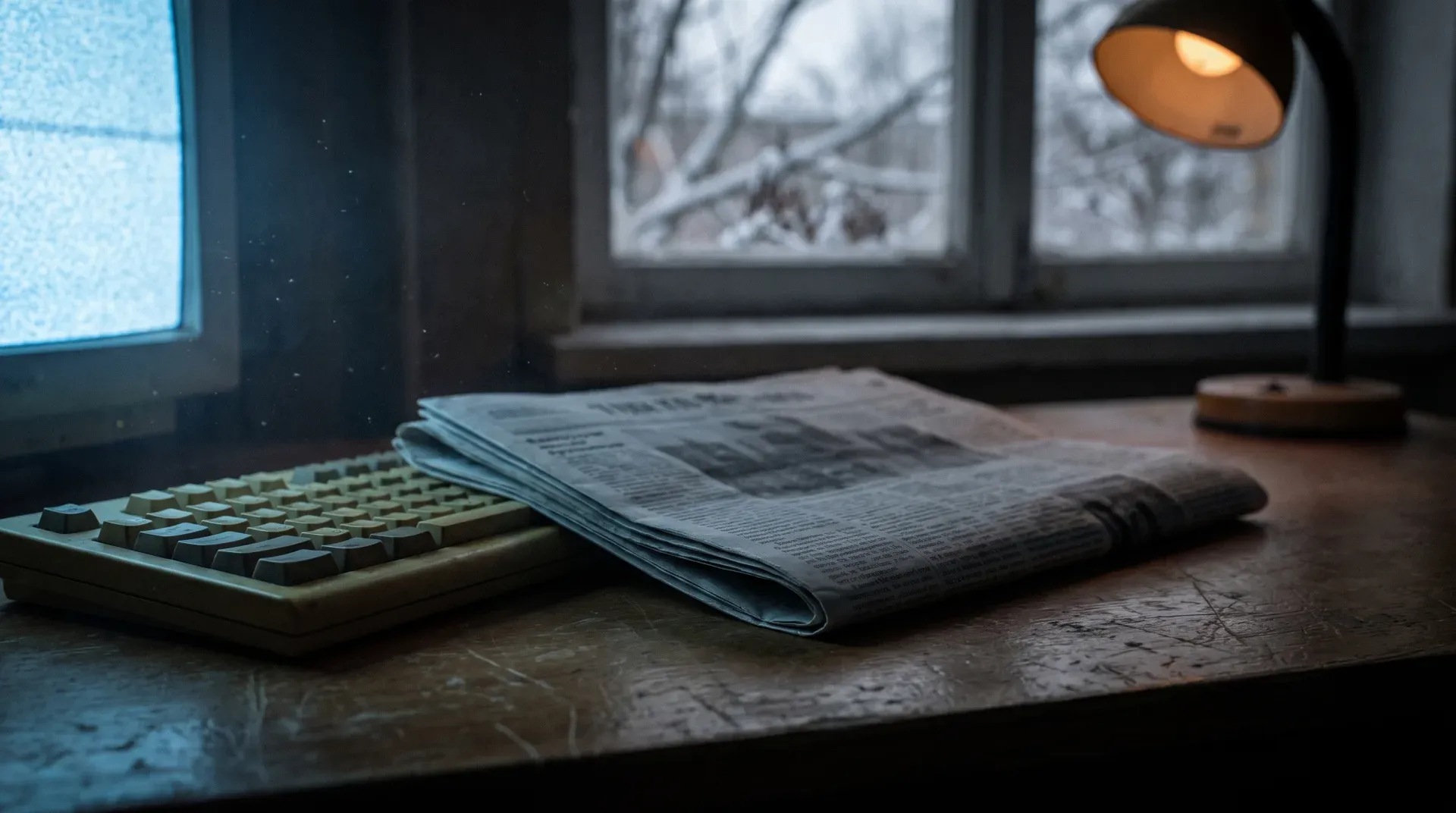 A folded newspaper next to an old beige keyboard on a wooden desk, cold monitor light and one warm desk lamp — winter mood like January 3, 2009