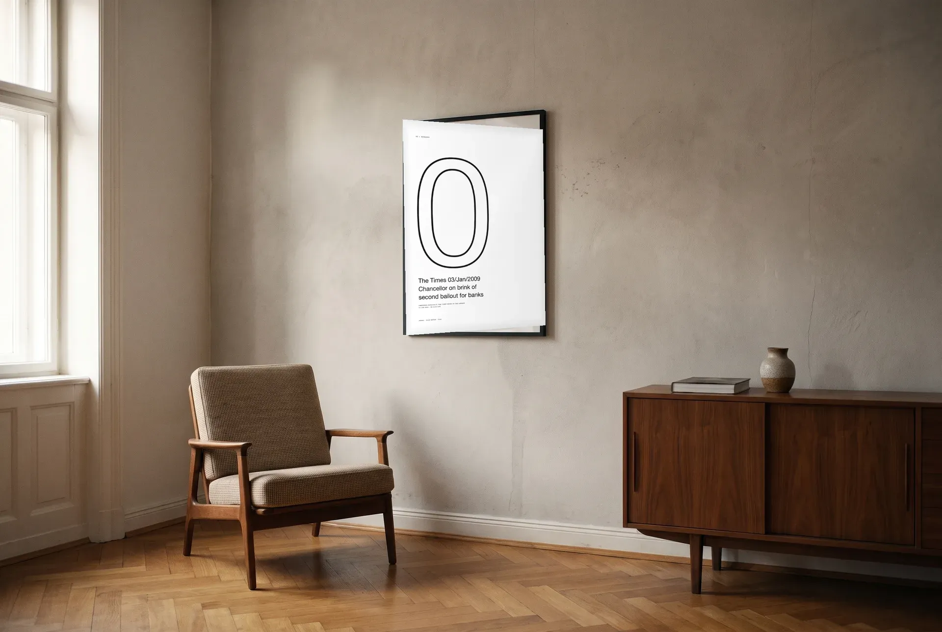 The framed genesis poster with the Times headline on a period apartment wall above a walnut sideboard, herringbone parquet — a quiet living room