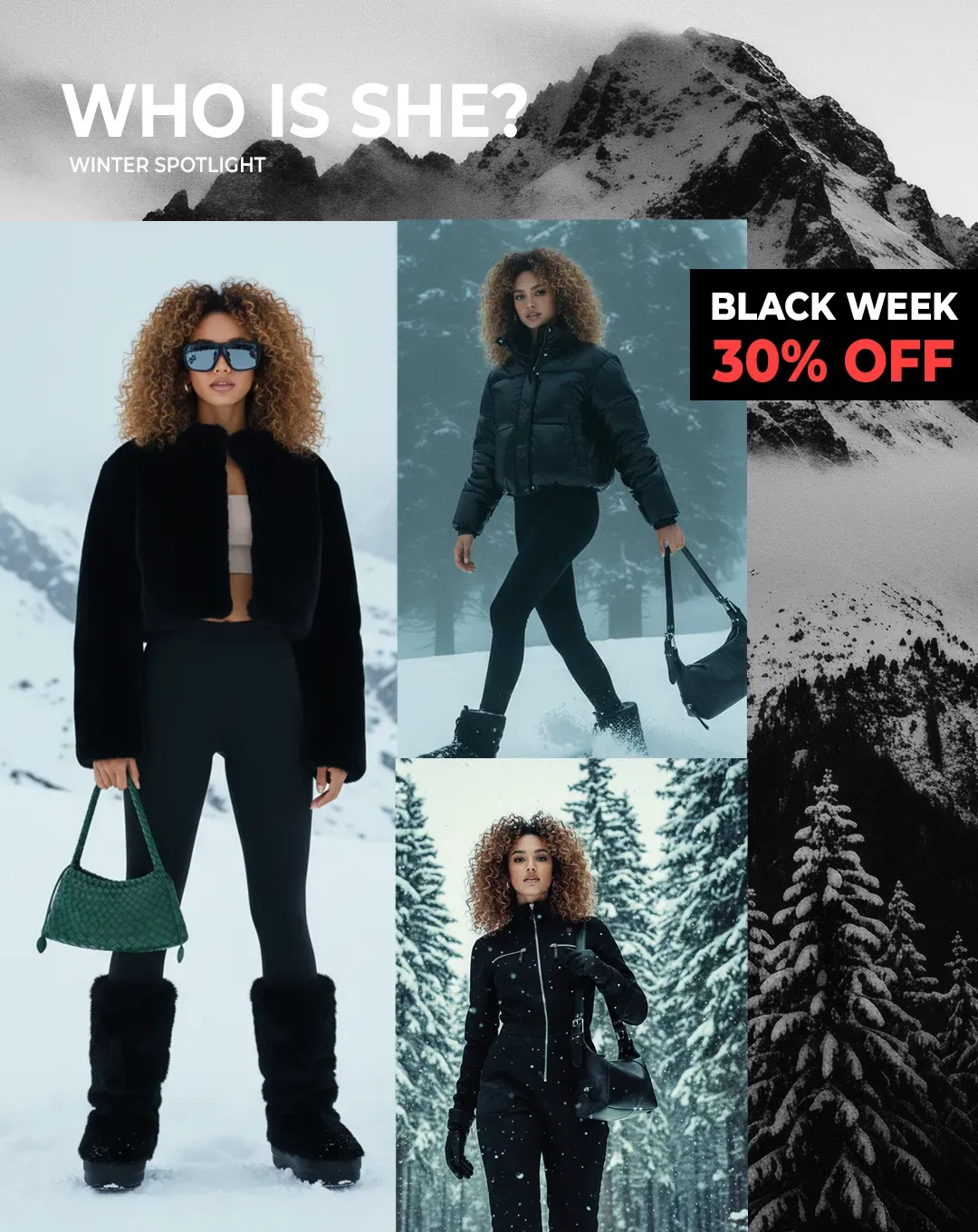 Chalisa Black Week winter banner featuring the Aravine model and bags