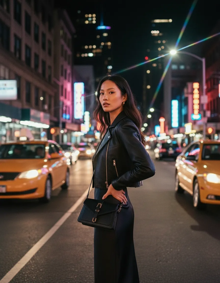 Chalisa girl with handbag in New York, a cinematic Instagram snapshot
