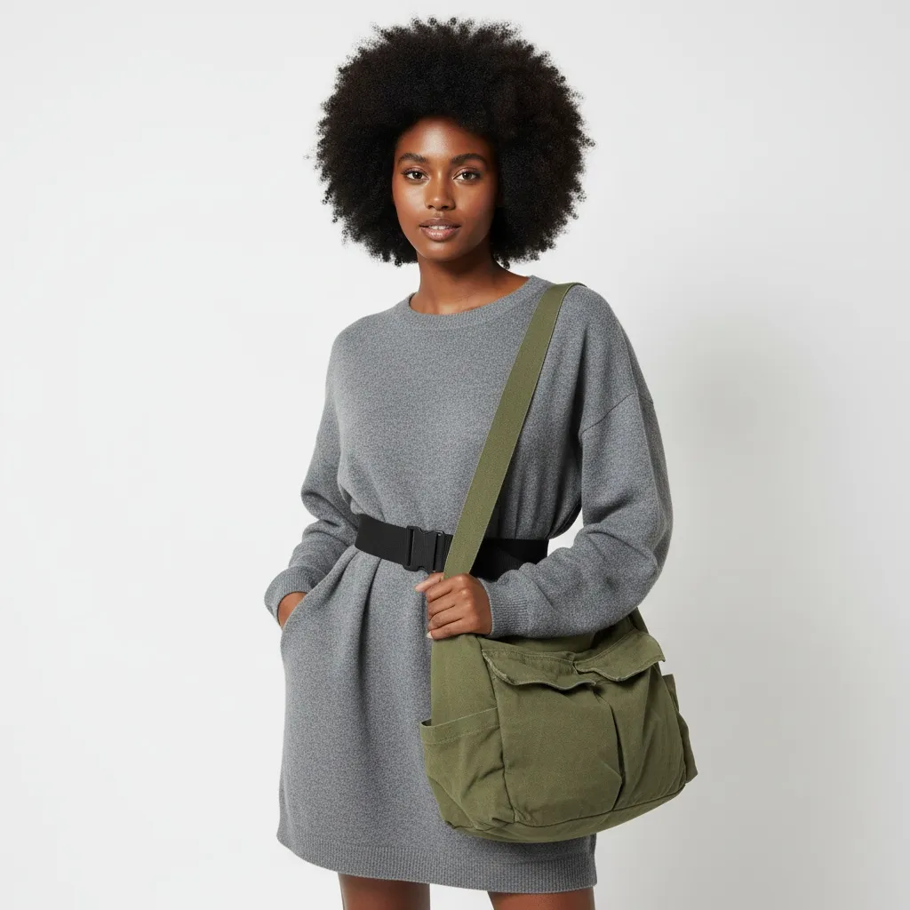 AI product shot of an exactly rendered Chalisa handbag on a model
