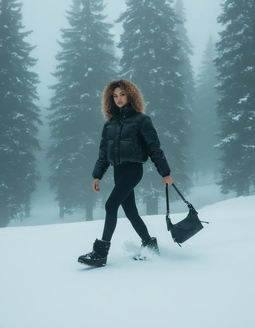 Chalisa Aravine handbag in a wintry high-end lifestyle shot