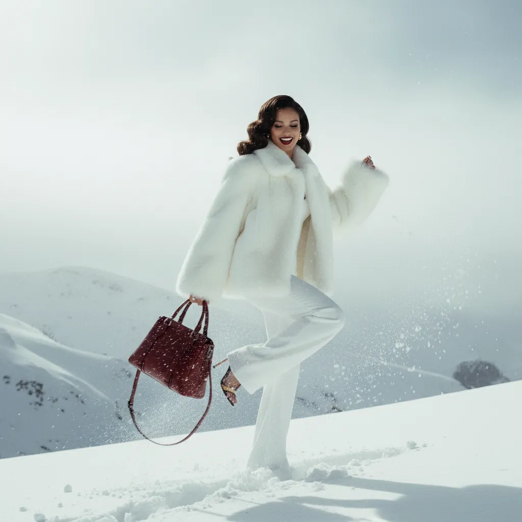 Red Chalisa handbag on the model in a winter lifestyle shot