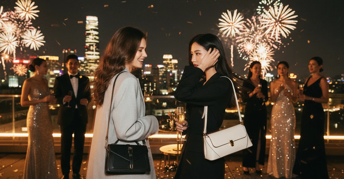 Chalisa New Year banner with two models and two handbags
