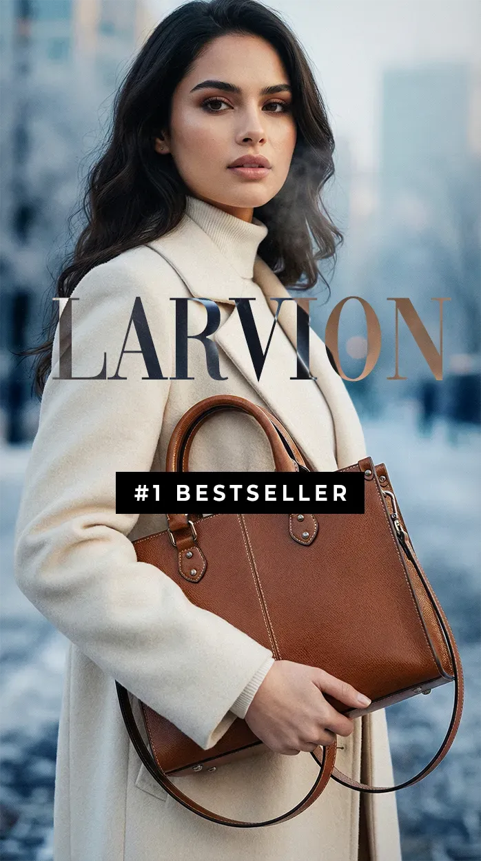 Chalisa hero banner for the ‘Larvion’ handbag with model and title