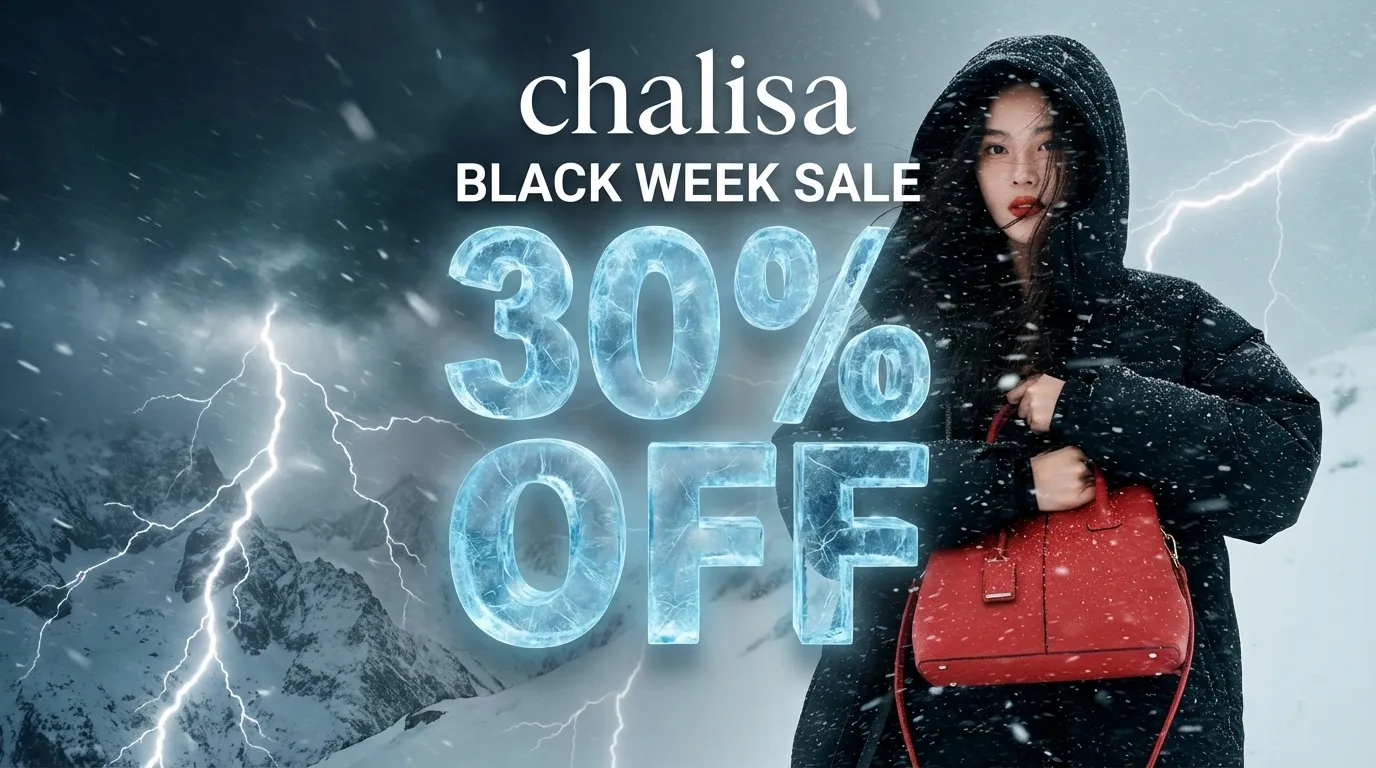 Chalisa Black Week Meta ad with model and handbag in widescreen