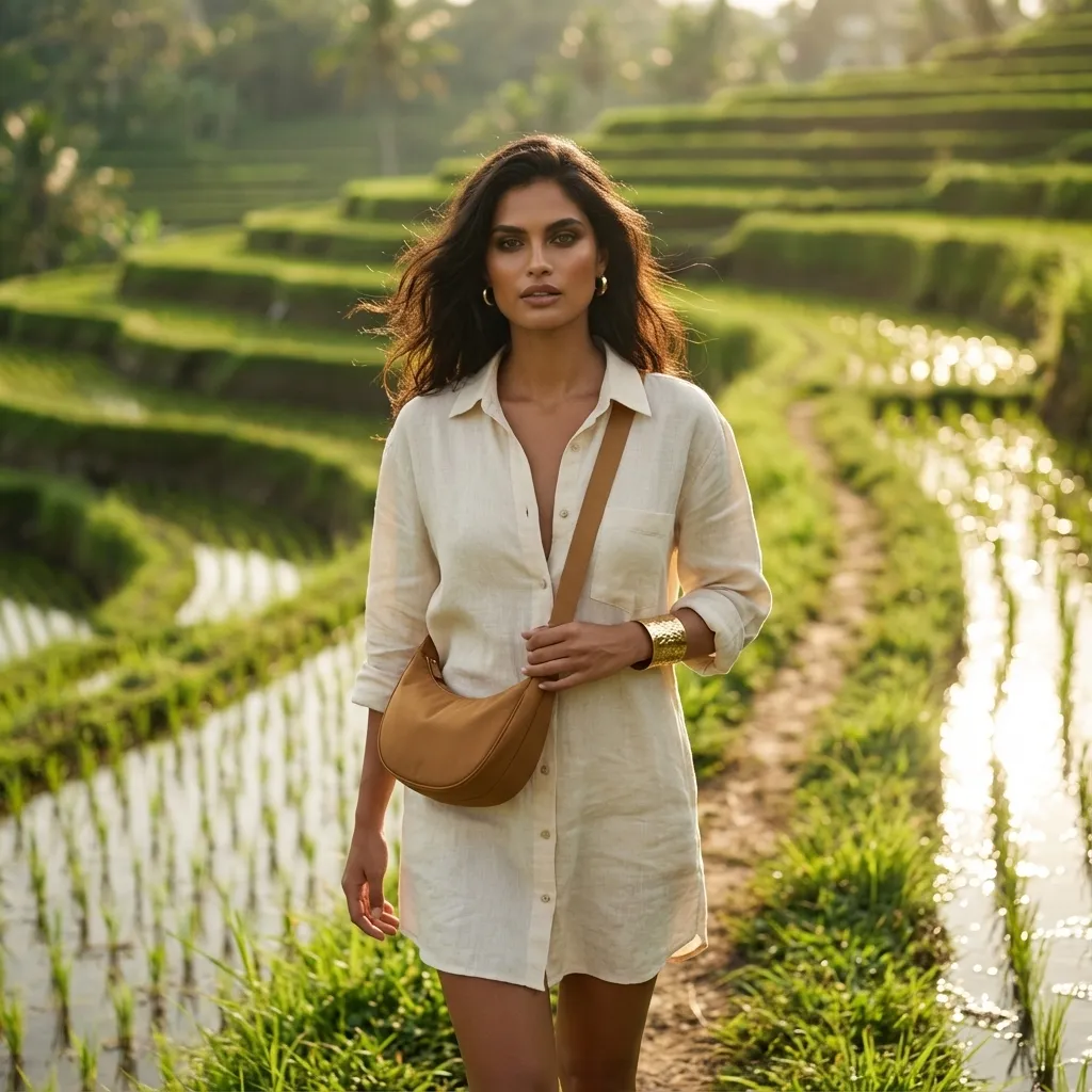 Chalisa travel banner with a handbag in a Balinese rice field