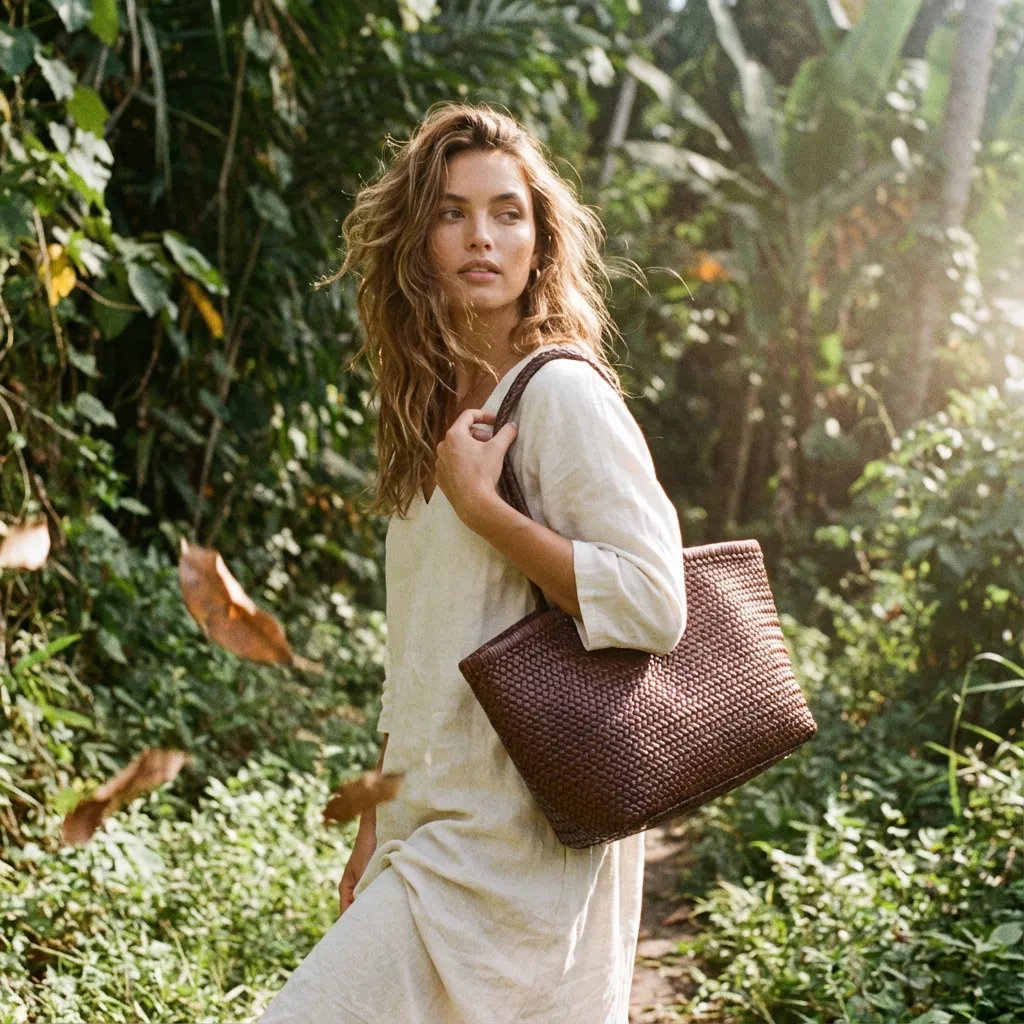 Chalisa summer collection banner with model and a summery handbag