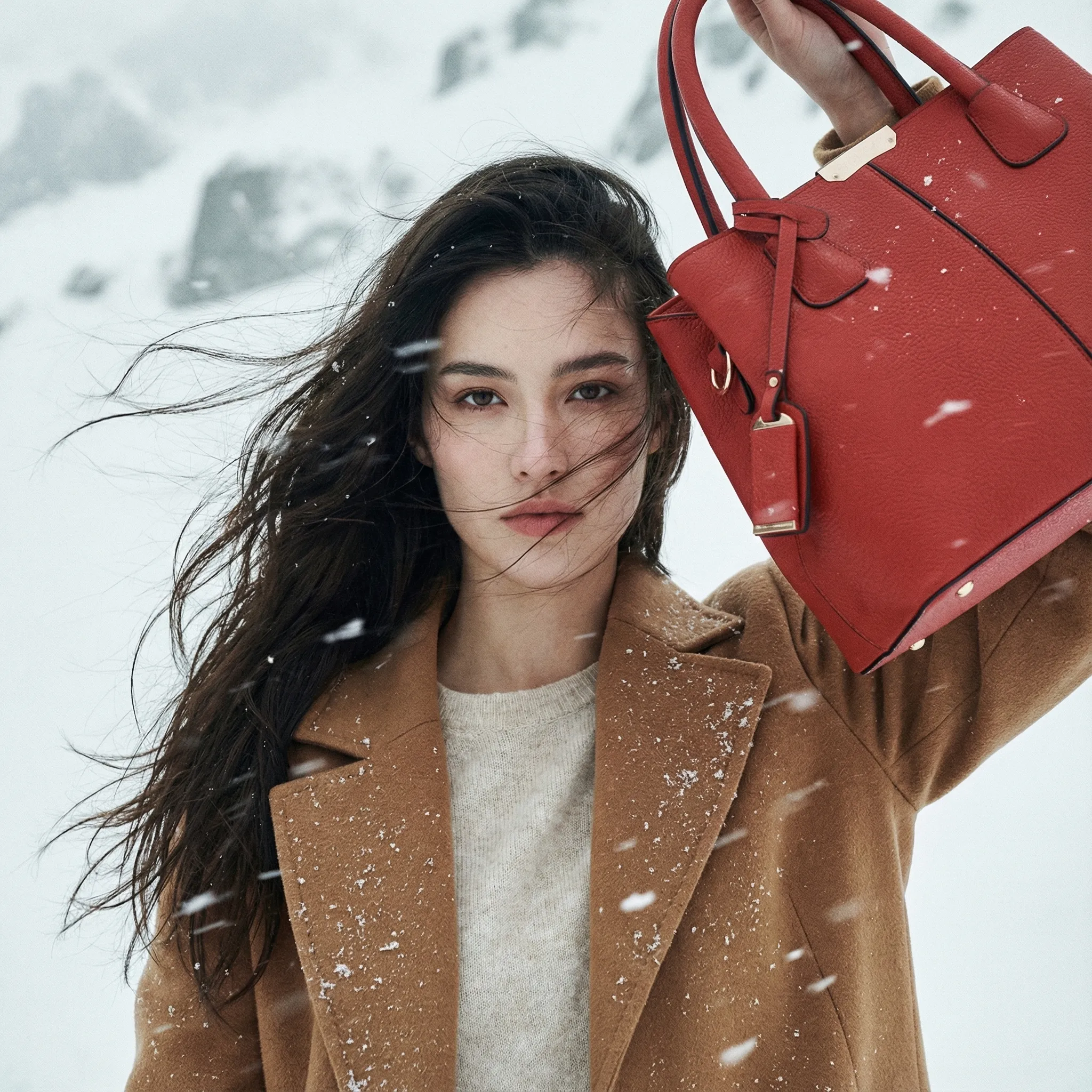 Red Chalisa handbag on the model, a winter-sale collection banner