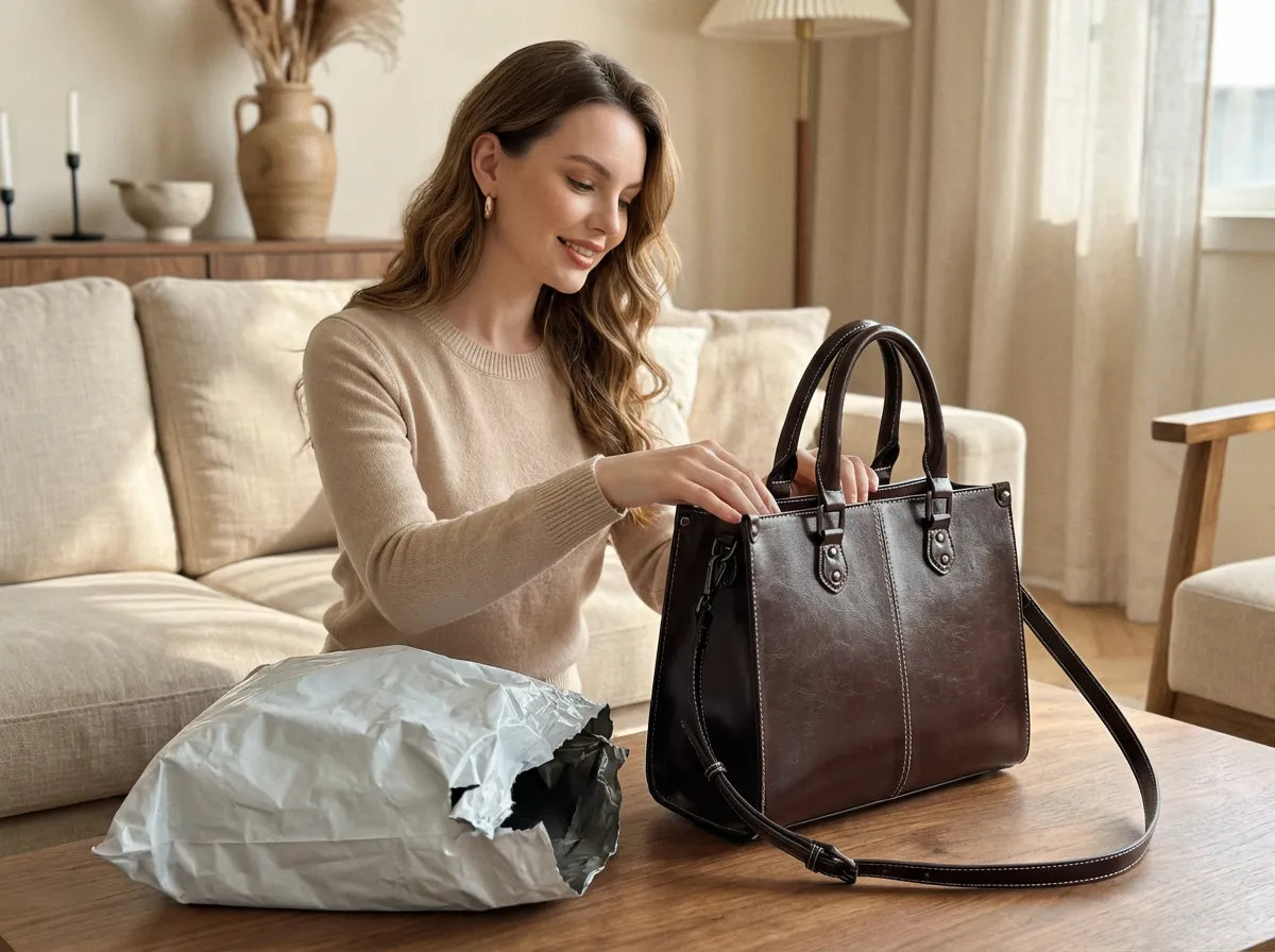 Newsletter image: happily unboxing a Chalisa ‘Larvion’ handbag