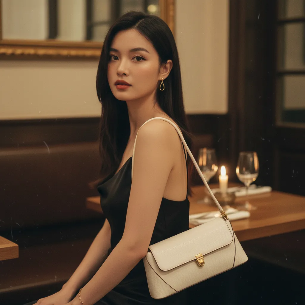 Chalisa ‘dinner date’ lifestyle image with model and handbag