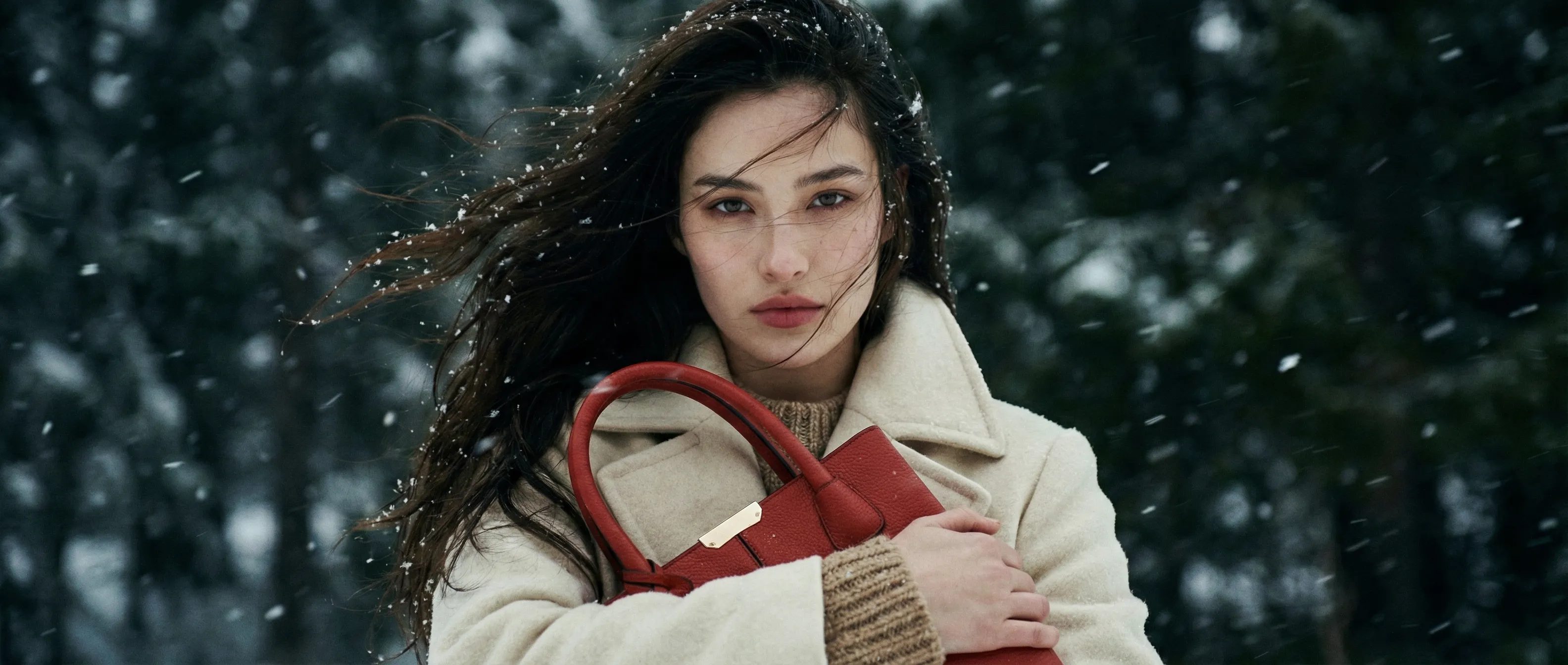 Red Chalisa handbags in a high-end winter shoot with snowflakes