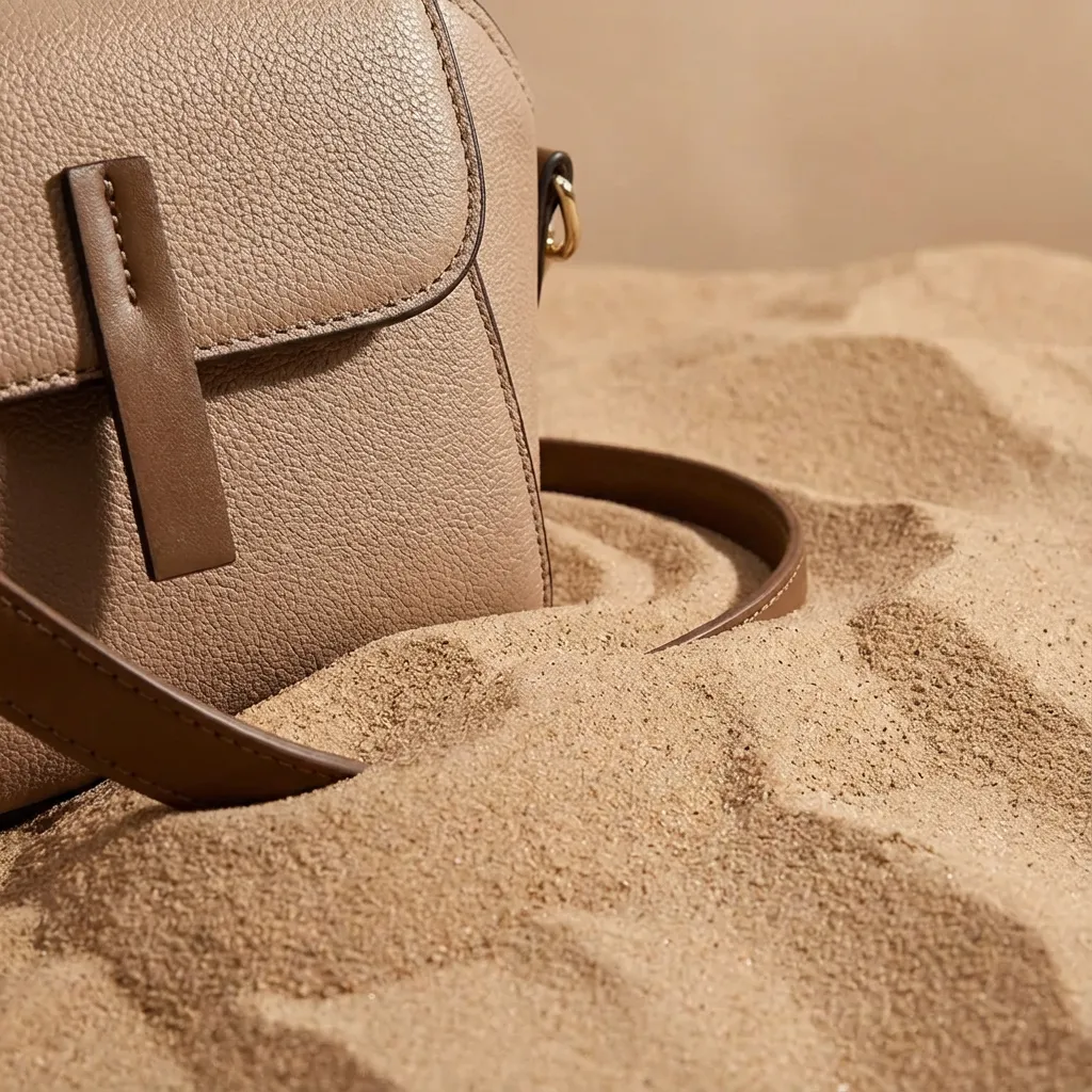 Beige Chalisa handbag in a sand tone, collection banner with close-up