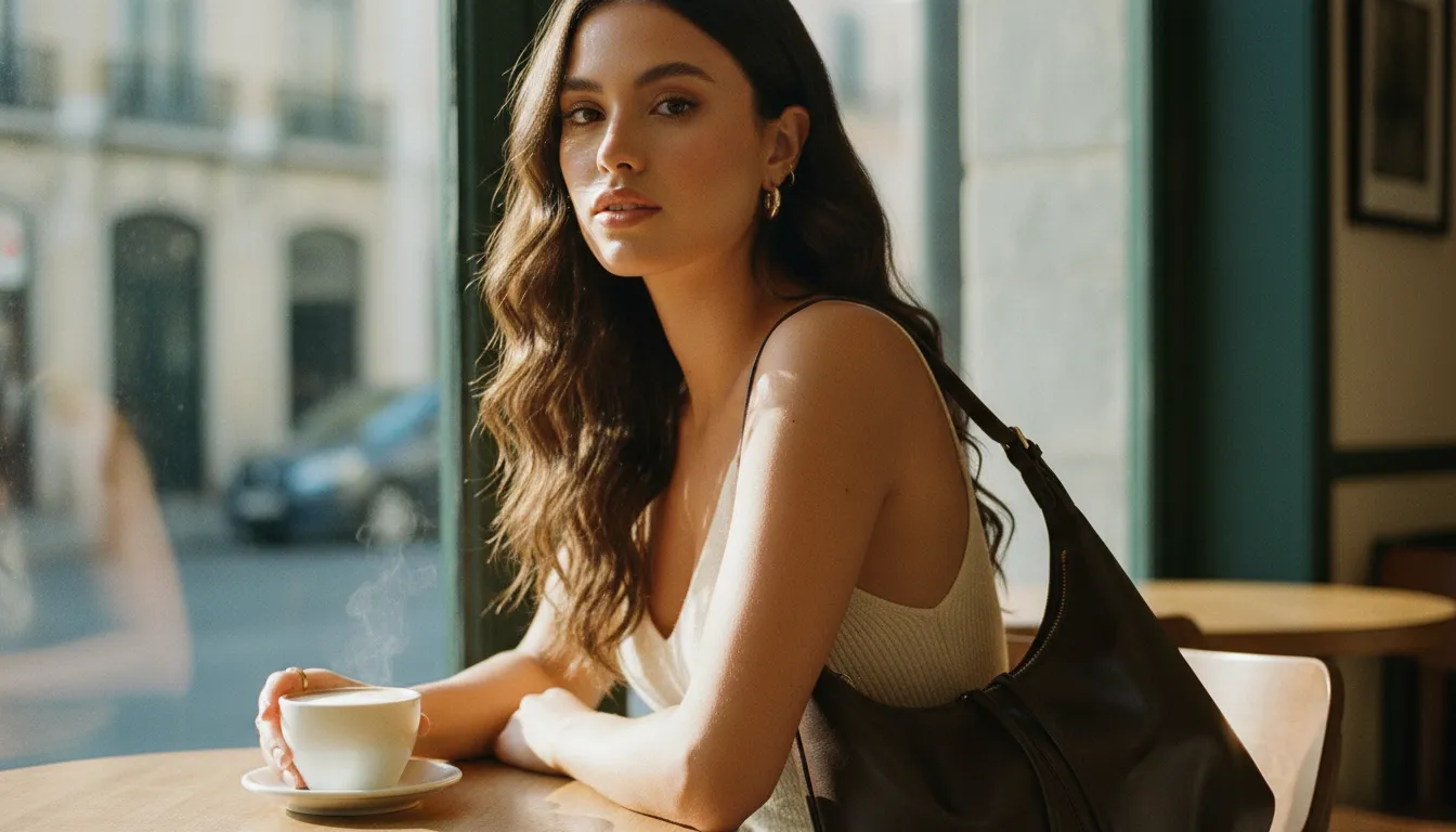 Chalisa ‘coffee date’ lifestyle banner with model and handbag at a café