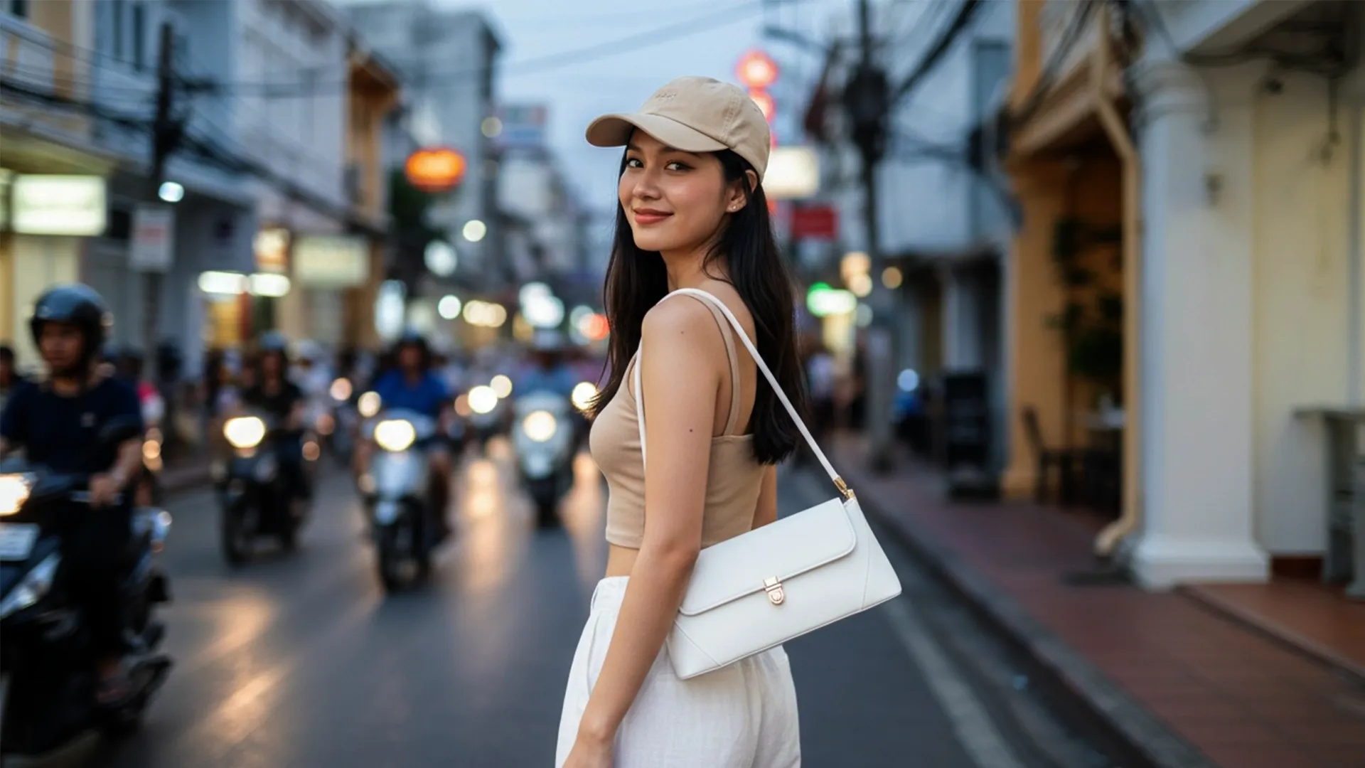 Chalisa girl with handbag in the city, an urban lifestyle look