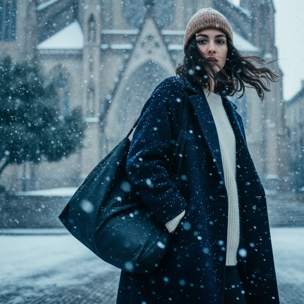 Chalisa ‘Unaza’ handbag in an action-rich winter lifestyle shot