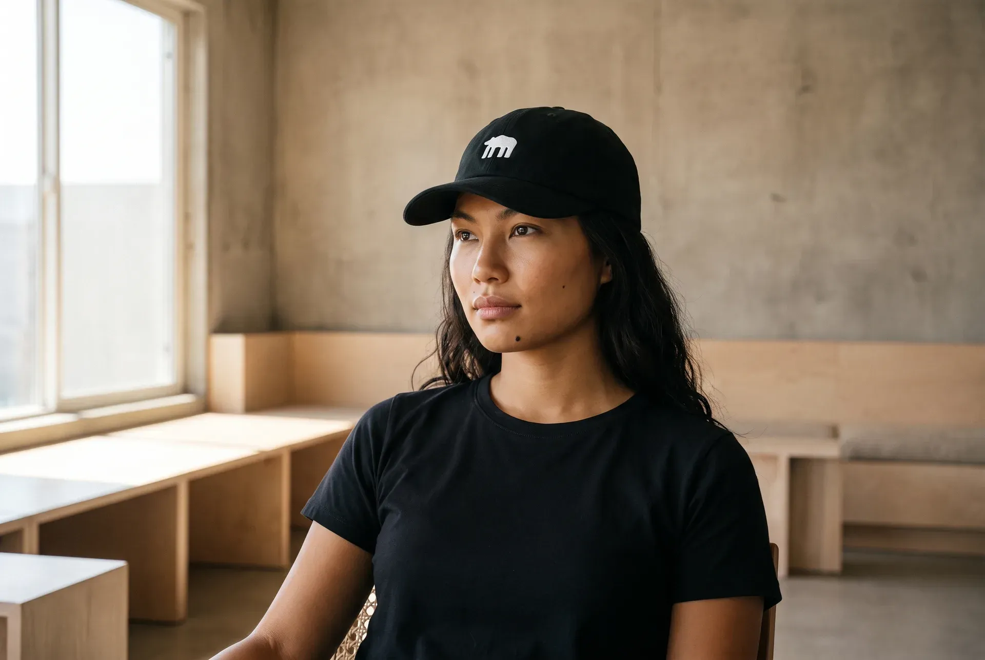 A woman in a black cap with a small white bear silhouette looks calmly out the window of a concrete room