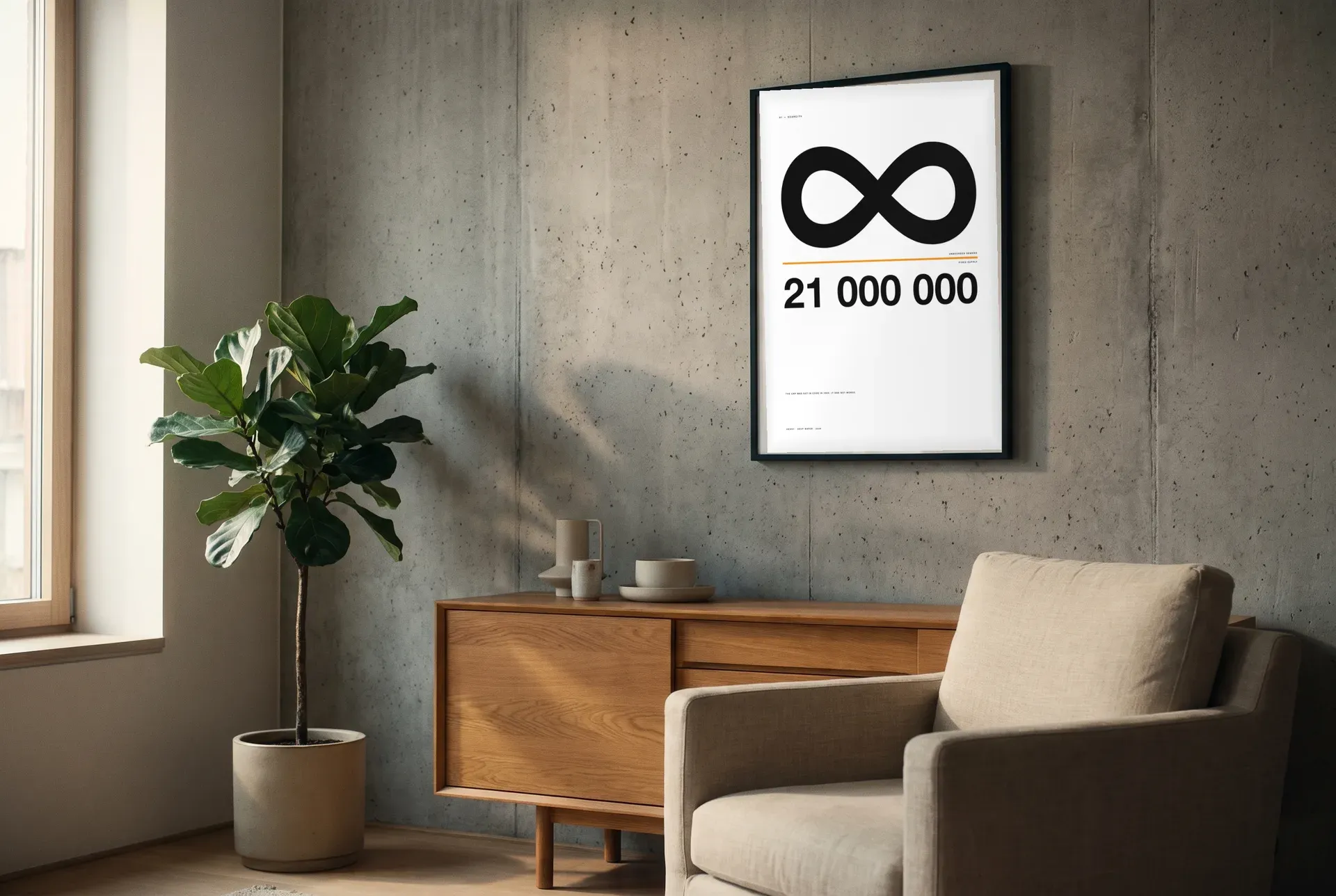 A framed poster showing an infinity sign above the number 21,000,000 hangs on a concrete wall above a wooden sideboard, a potted plant beside it