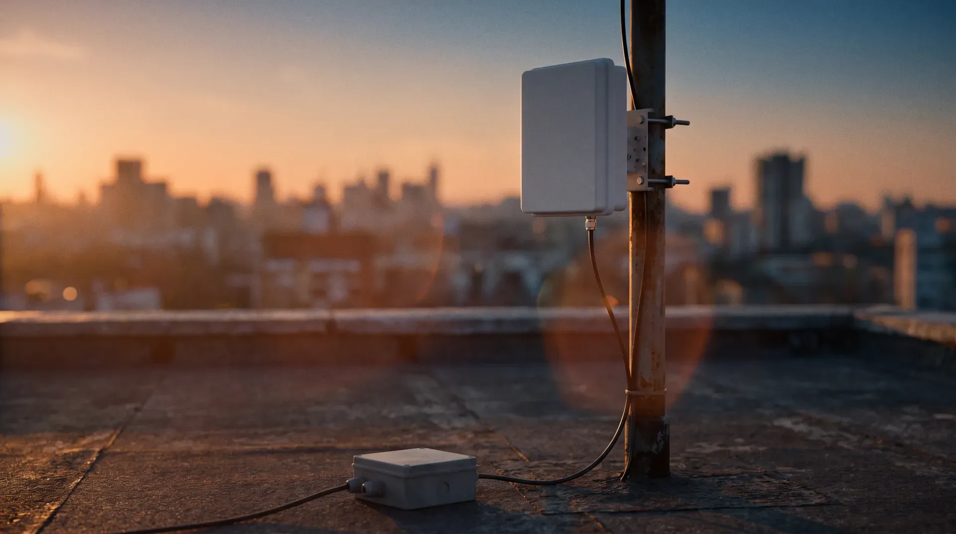 A small antenna on a rooftop at dusk, the lights of a city stretching to the horizon behind it