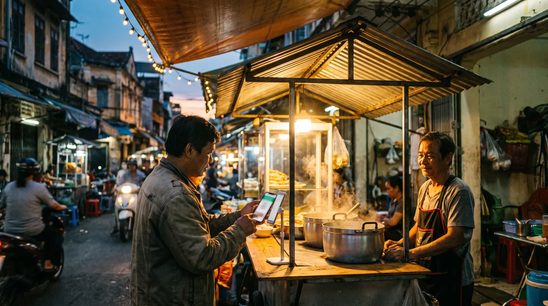 A person paying with a smartphone at an evening street food stall, warm light, the screens unreadable