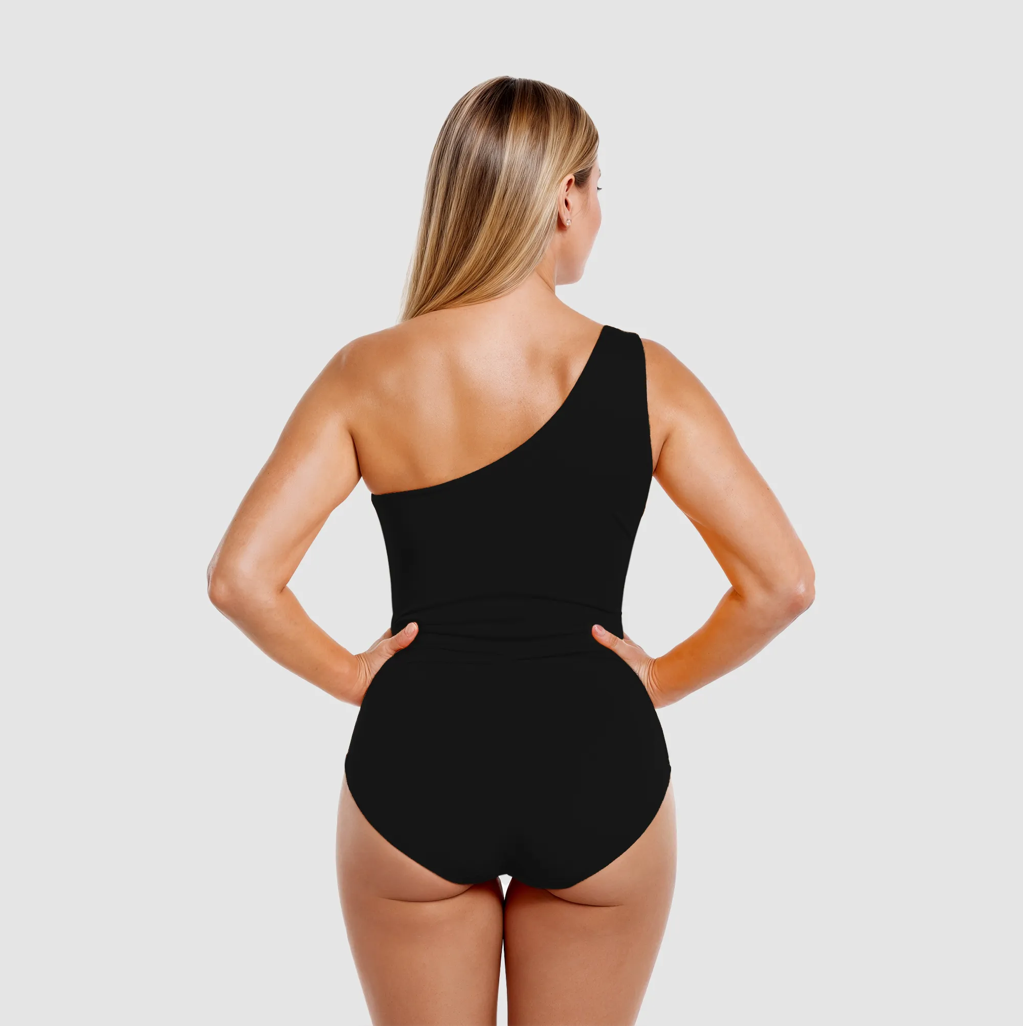 Black one-shoulder Creamy Fabrics swimsuit seen from behind