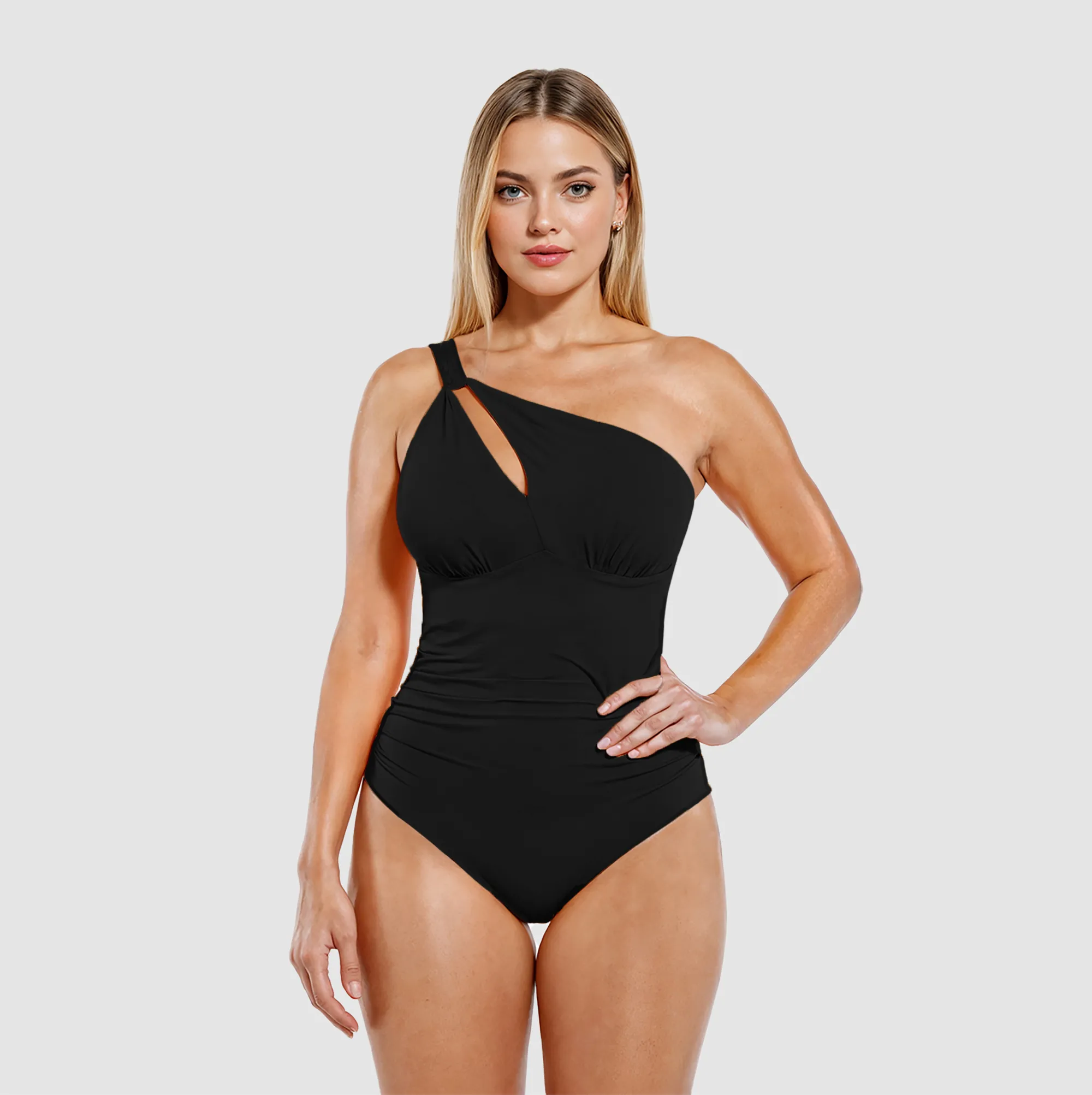 Black one-shoulder swimsuit with cutout and ruched waist, front view