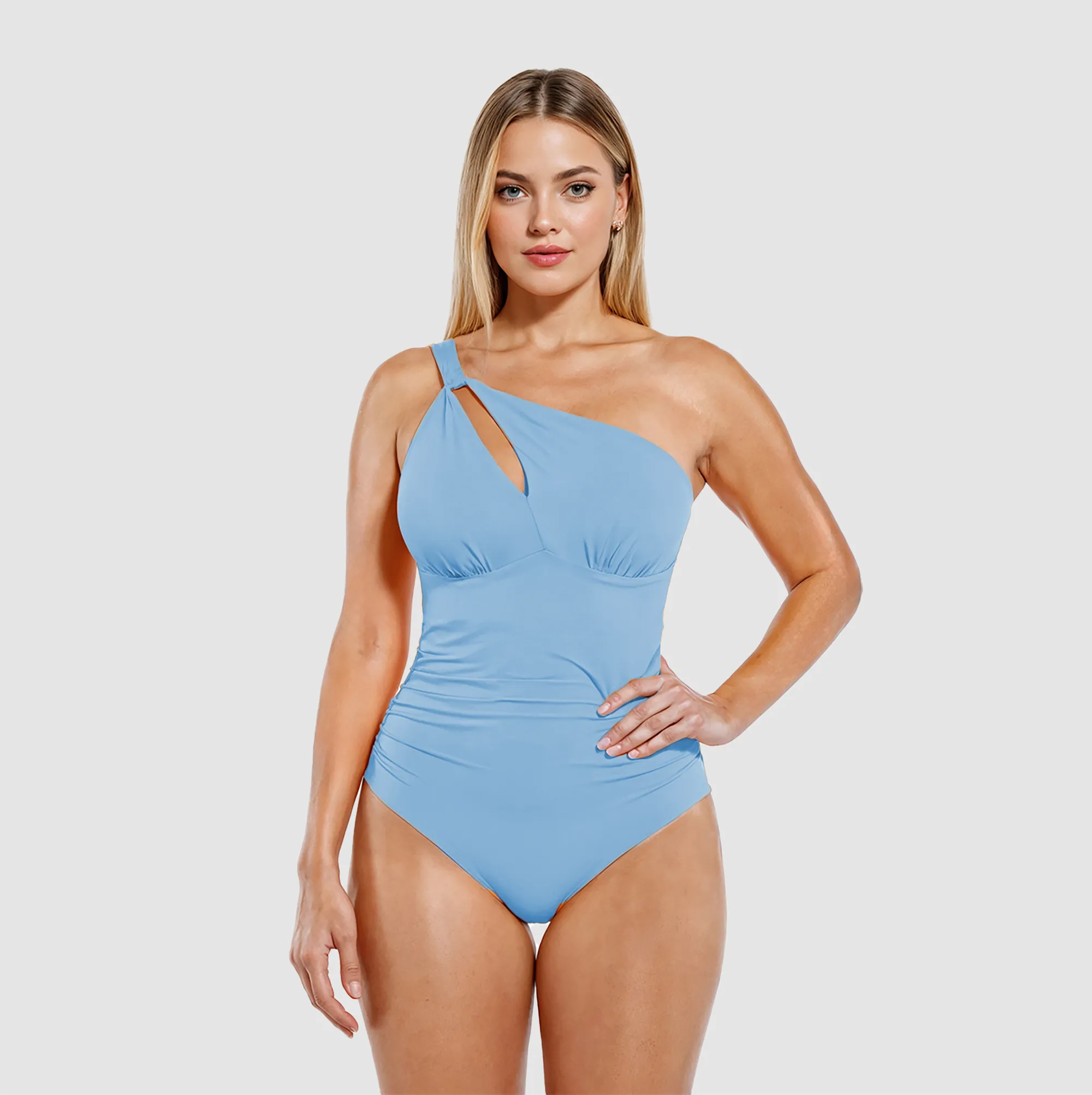 Blue one-shoulder swimsuit with asymmetric cutout, front view