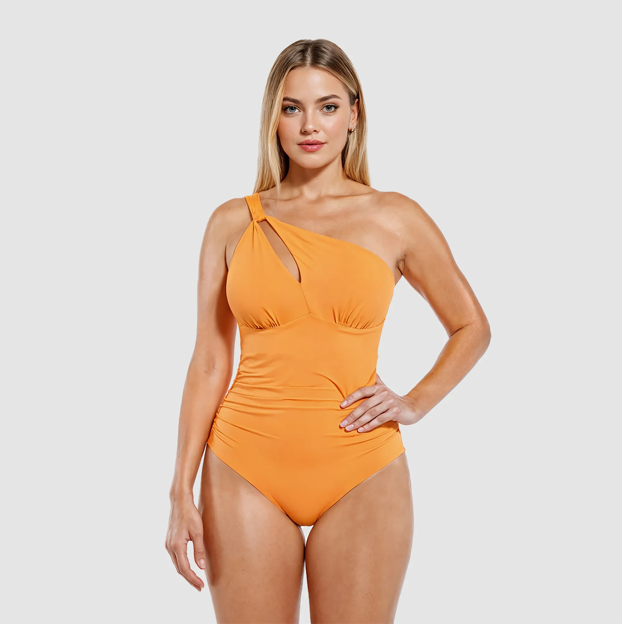 Orange one-shoulder swimsuit with cutout and ruched waist, front view