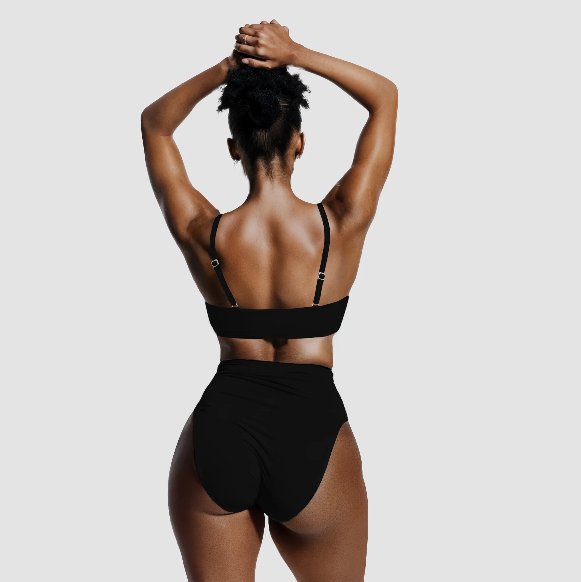 Black Creamy Fabrics bikini with high-waisted bottoms, back view