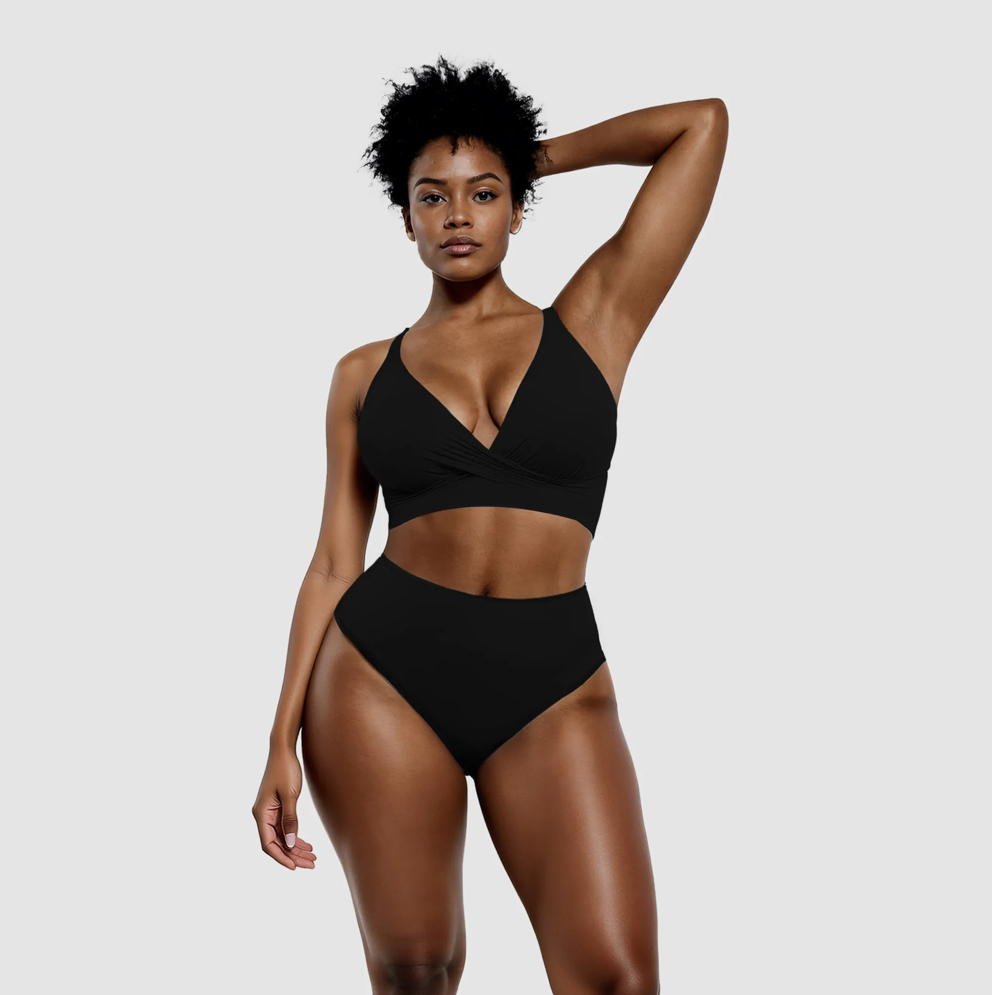 Black bikini with twist top and high-waisted bottoms, front view