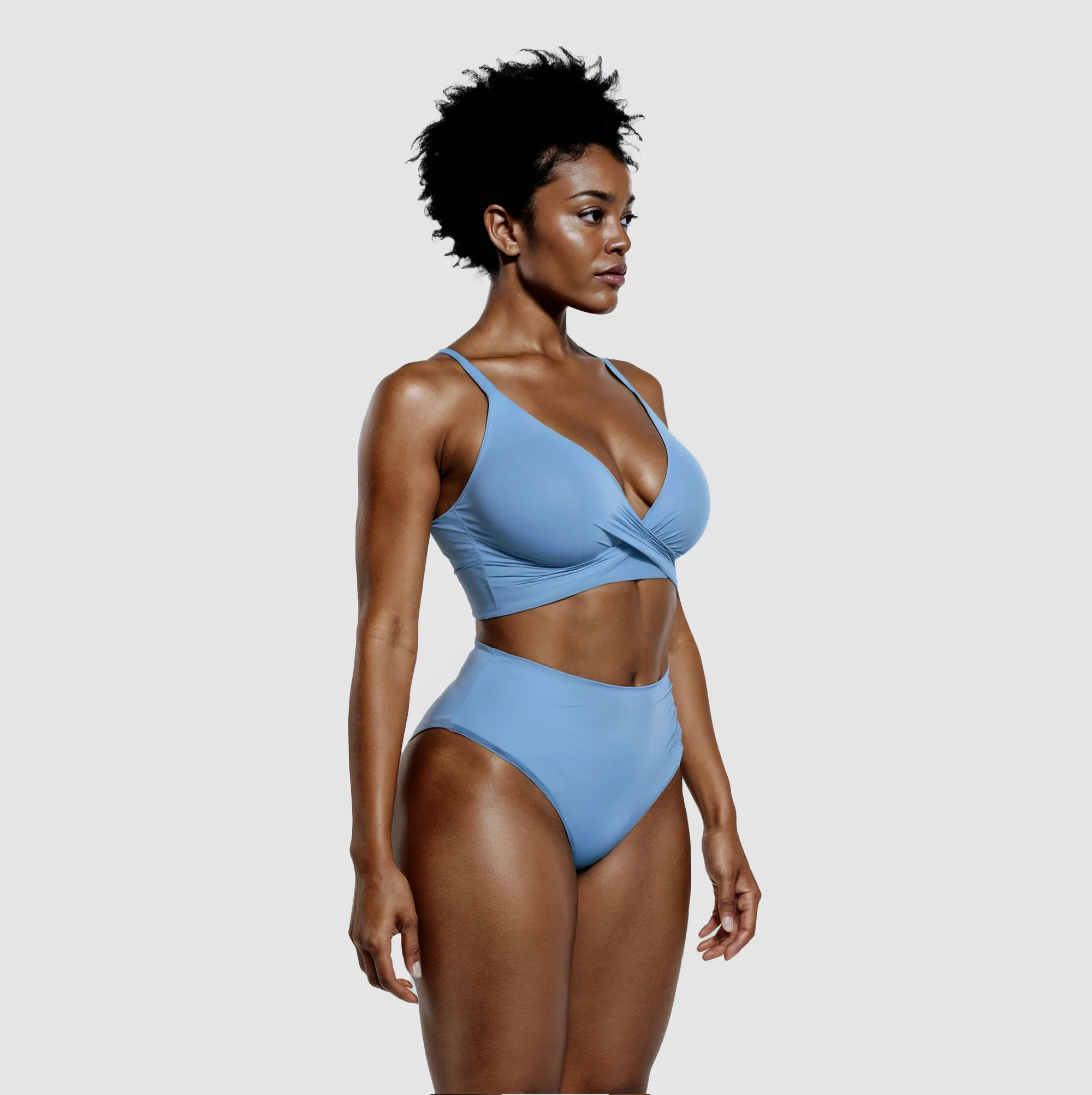 Blue high-waisted bikini with twist top at three-quarter view
