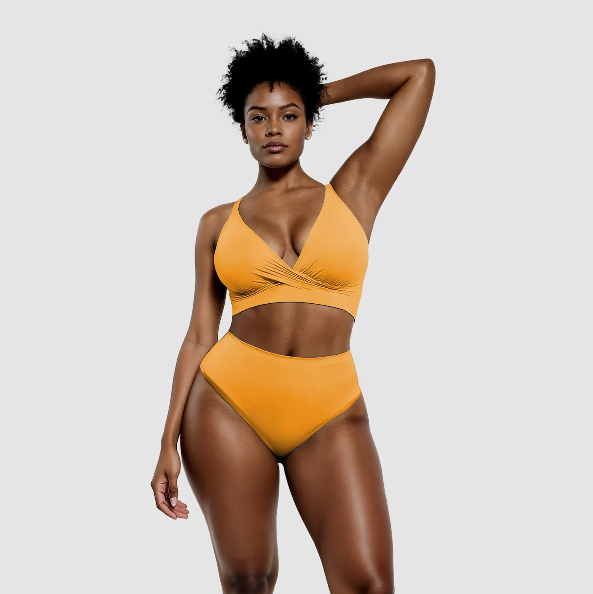 Orange bikini with twist top and high-waisted bottoms, front view