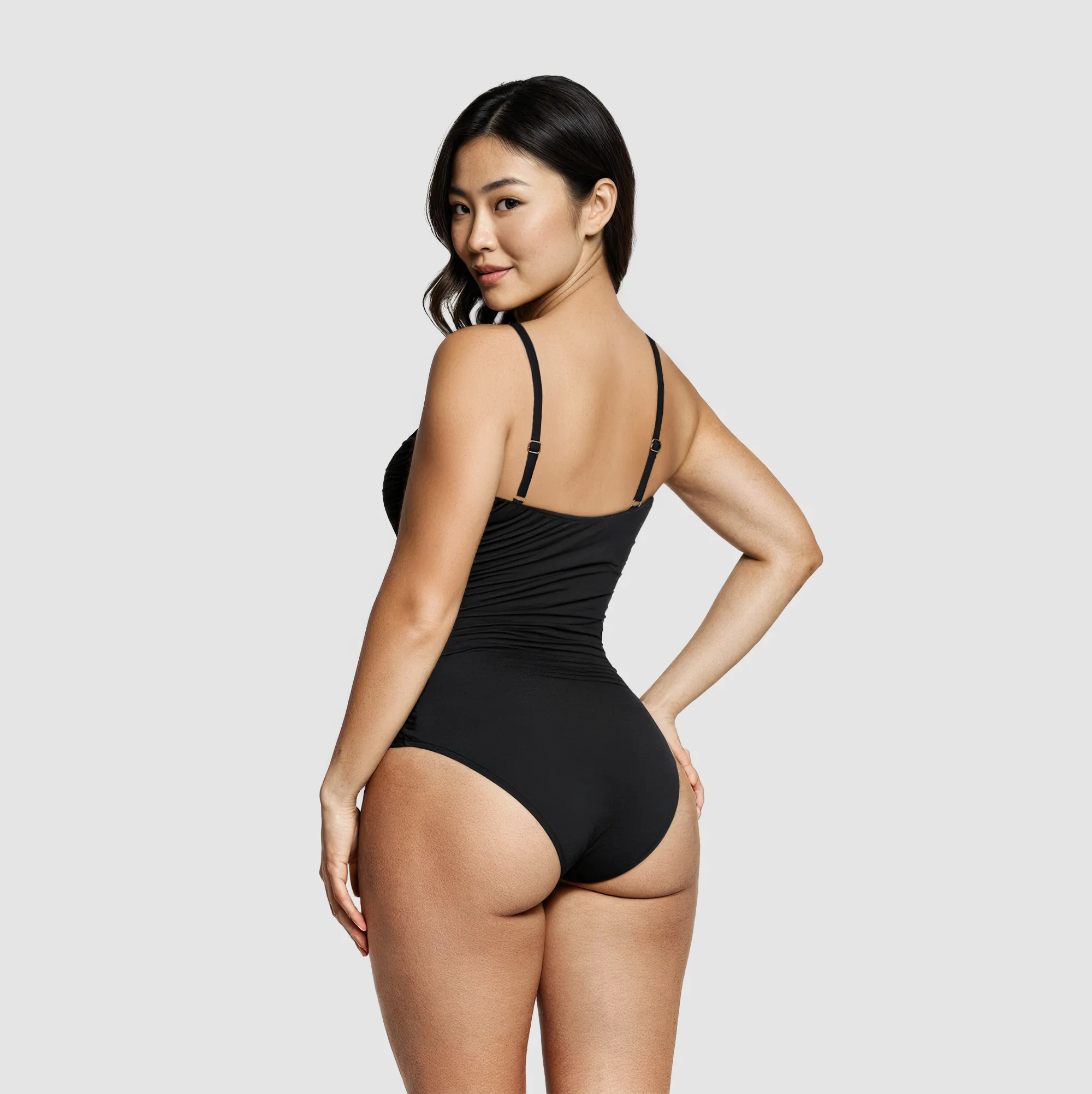 Black spaghetti-strap Creamy Fabrics swimsuit, back view