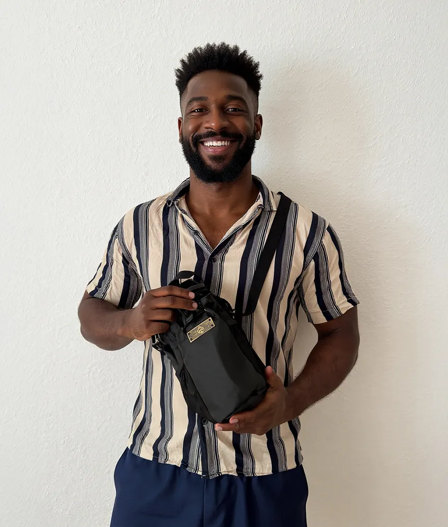 AI UGC visual: a person holding the Iron Pike gym bag up to camera