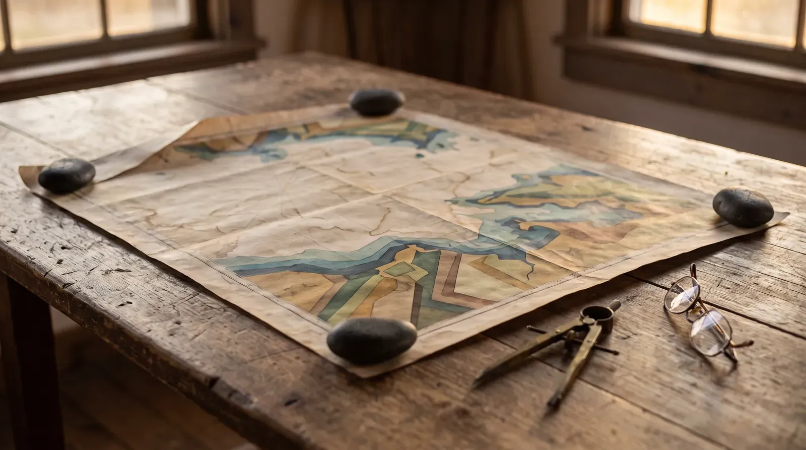An old chart weighted down at the corners on a wooden table, with dividers and reading glasses beside it