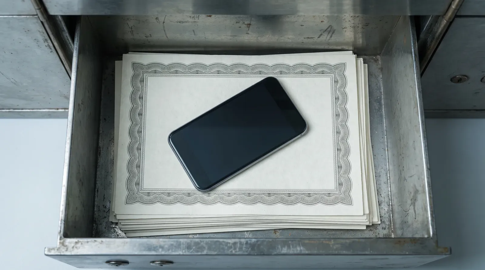 An open safe deposit drawer seen from above: a stack of plain certificate sheets with a smartphone lying face down on top