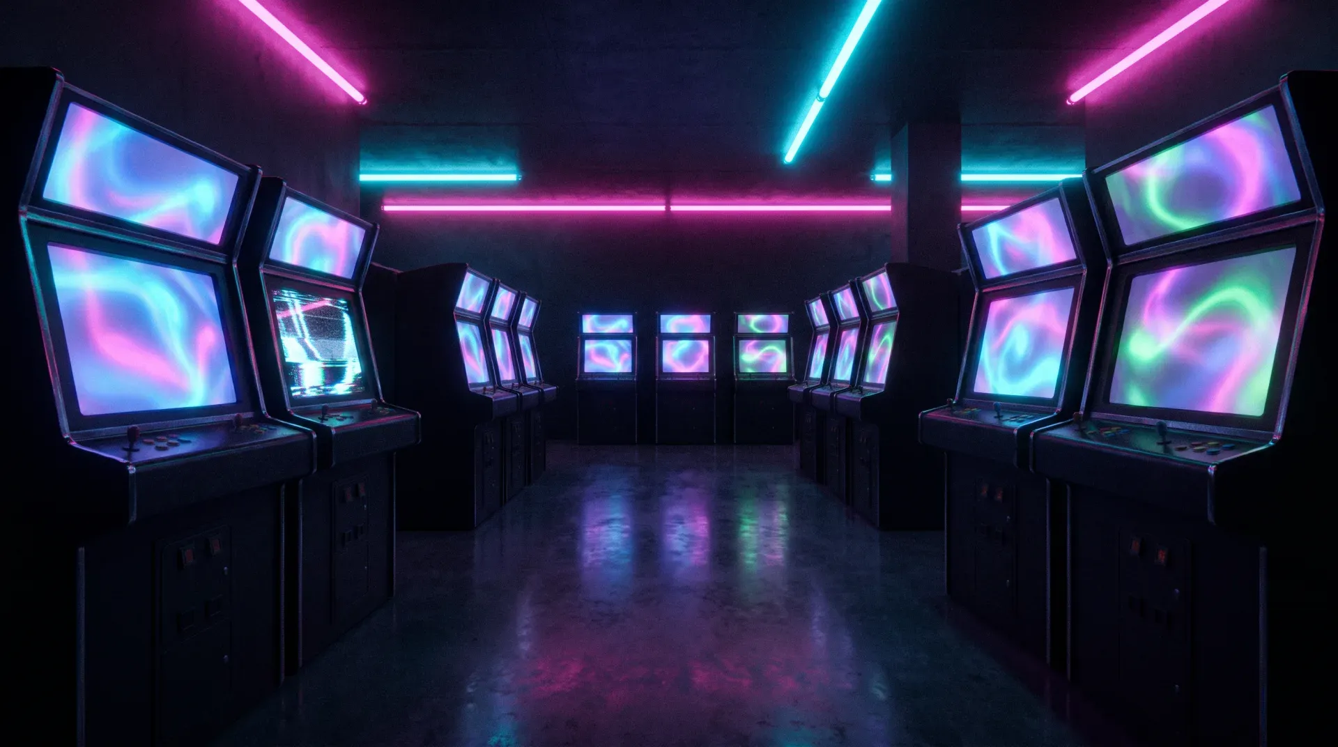 An empty arcade corridor at night: rows of glowing cabinets with colorful abstract screens, pink and cyan neon reflections on a dark floor — the seductive emptiness of a casino at 4am