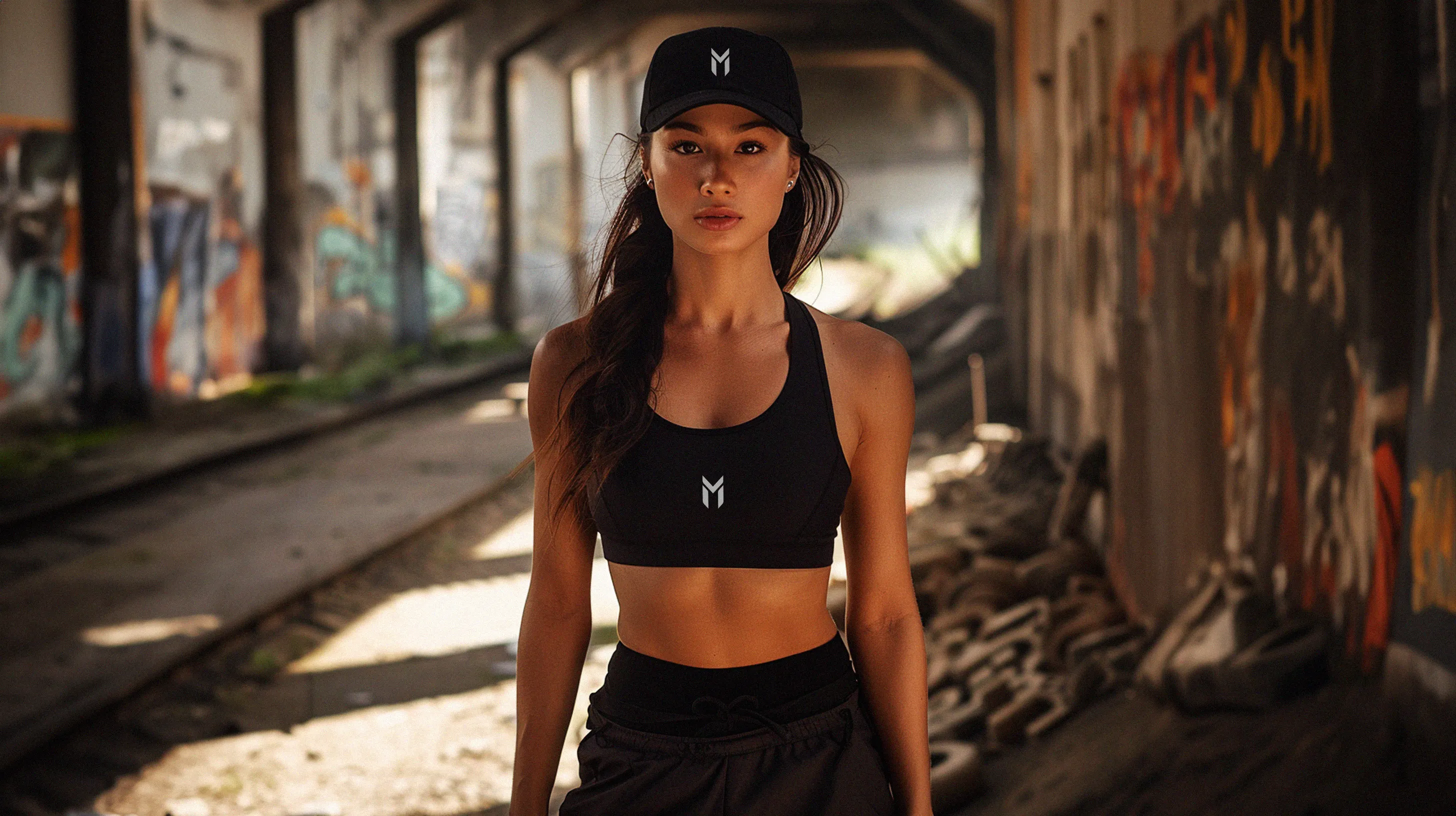 Model in Mindset Studio cap and sports bra, AI lifestyle image