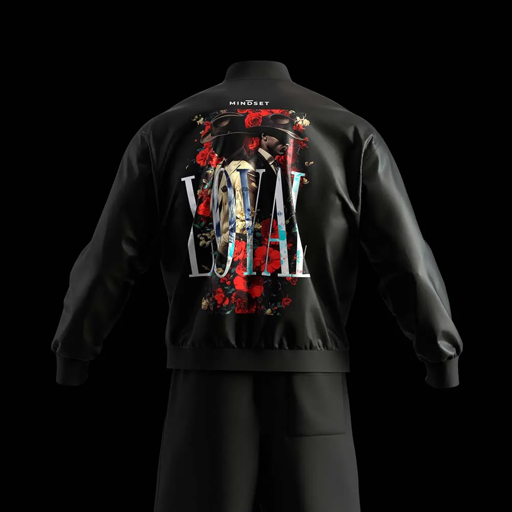 3D visual of the Mindset Studio bomber jacket with roses and “Loyal” lettering on the back