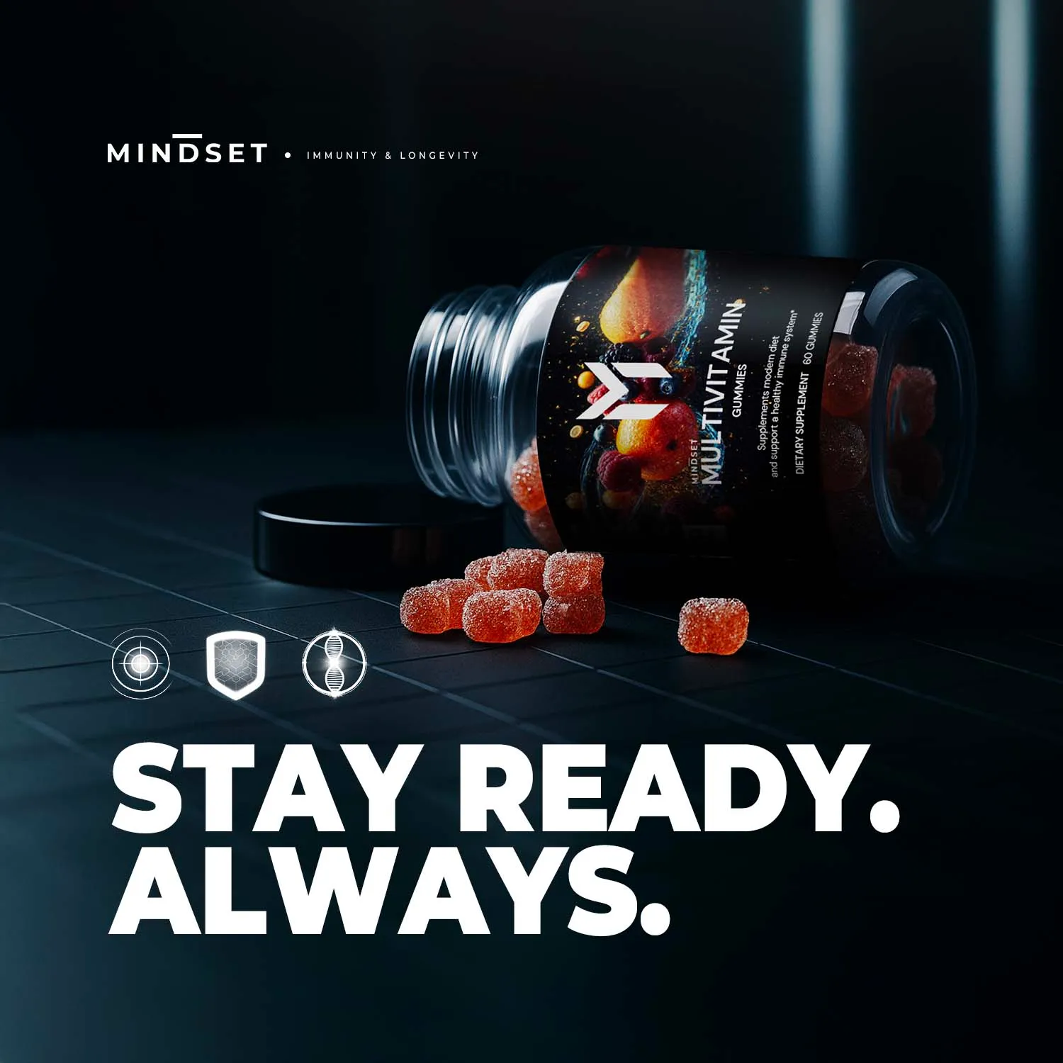 Mindset Studio supplements banner with icons and slogans, AI plus Photoshop