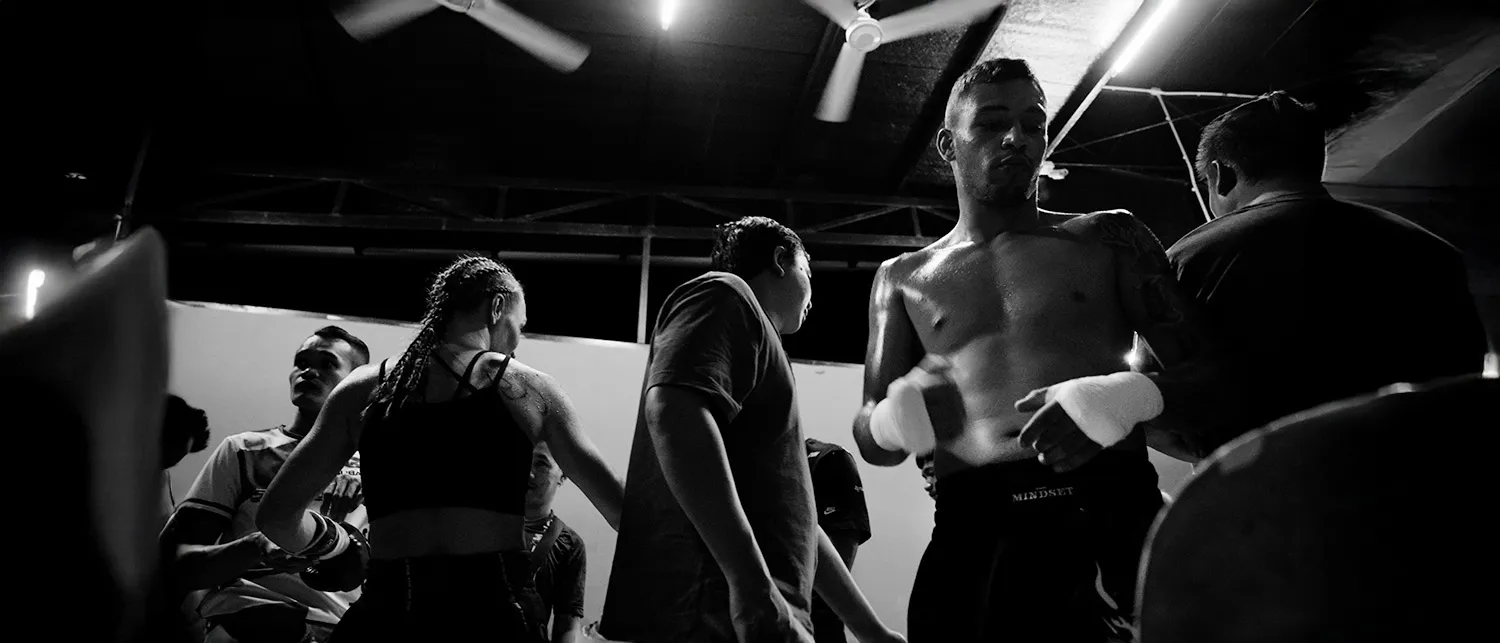 MMA fighter in Mindset Studio shorts before the bout, black and white