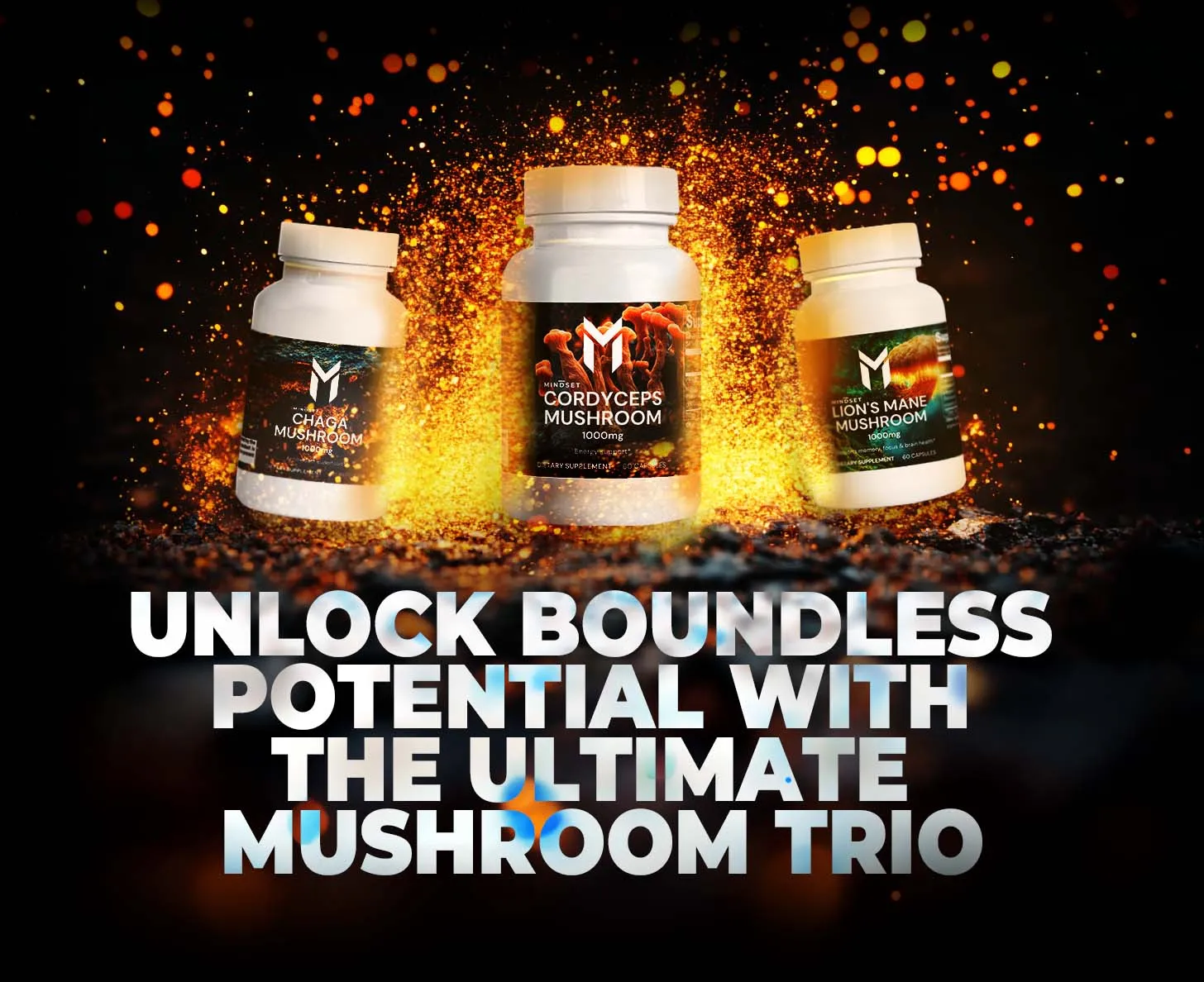Mindset Studio supplements bundle banner with sparks and explosion, AI plus Photoshop