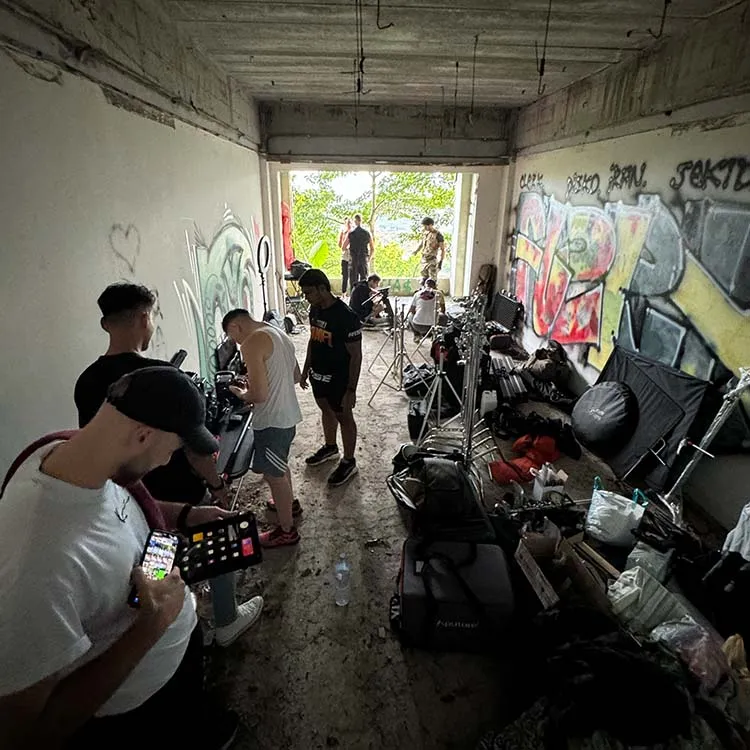 Film gear in an abandoned jungle house serving as a set base in Thailand