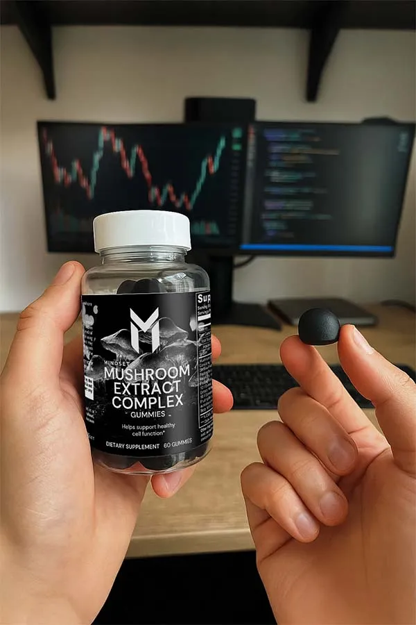 AI promo shot of Mindset Studio focus supplements against a coding-and-trading backdrop