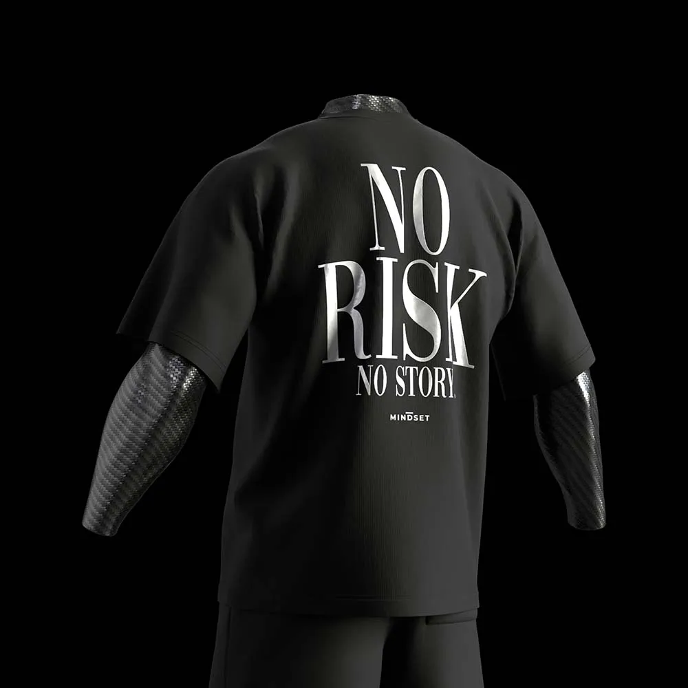 3D mockup of the Mindset Studio “No Risk No Story” shirt with a carbon arm